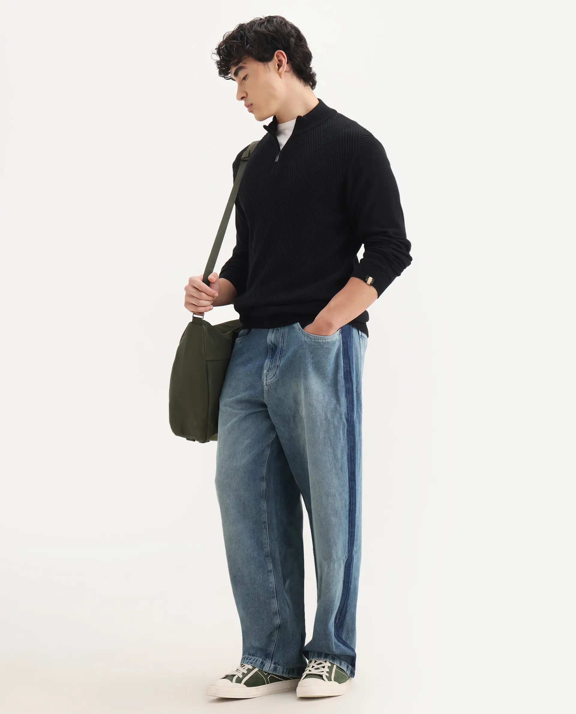 Rare Rabbit Men's Strito Light Blue Cotton Plain Baggy Fit Jeans