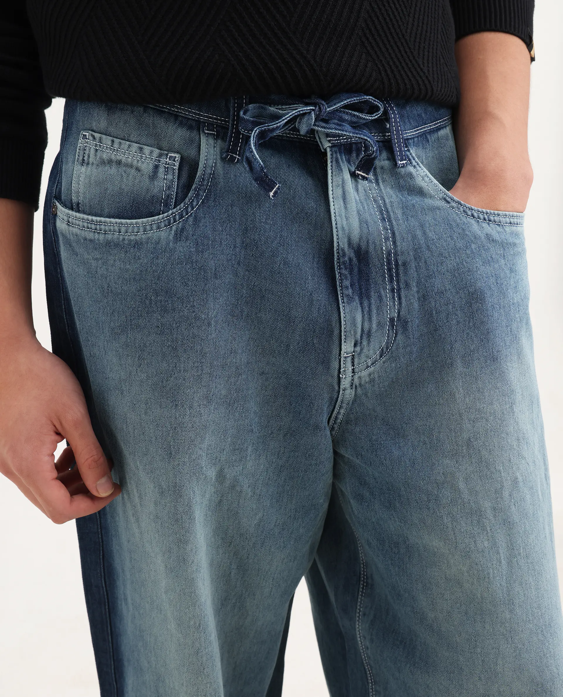 Rare Rabbit Men's Strito Light Blue Cotton Plain Baggy Fit Jeans - Image 3