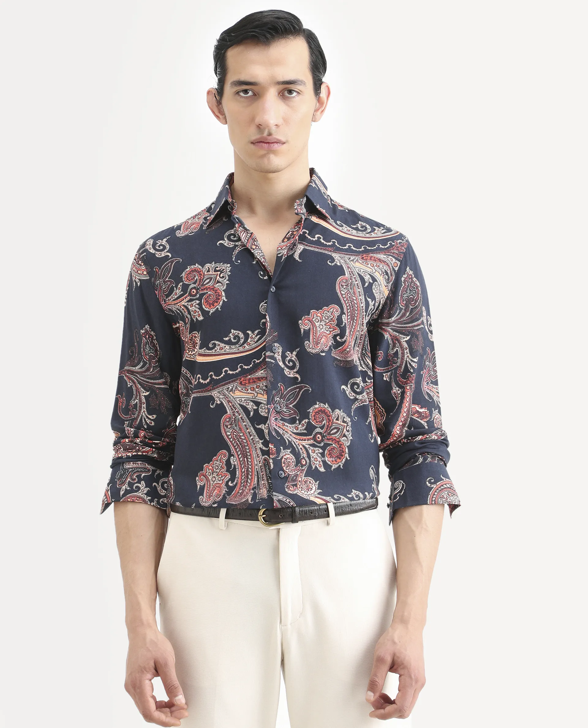 Rare Rabbit Men's Strom Dark Blue Viscose Paisley Print Regular Fit Full Sleeve Collared Shirt - Image 3