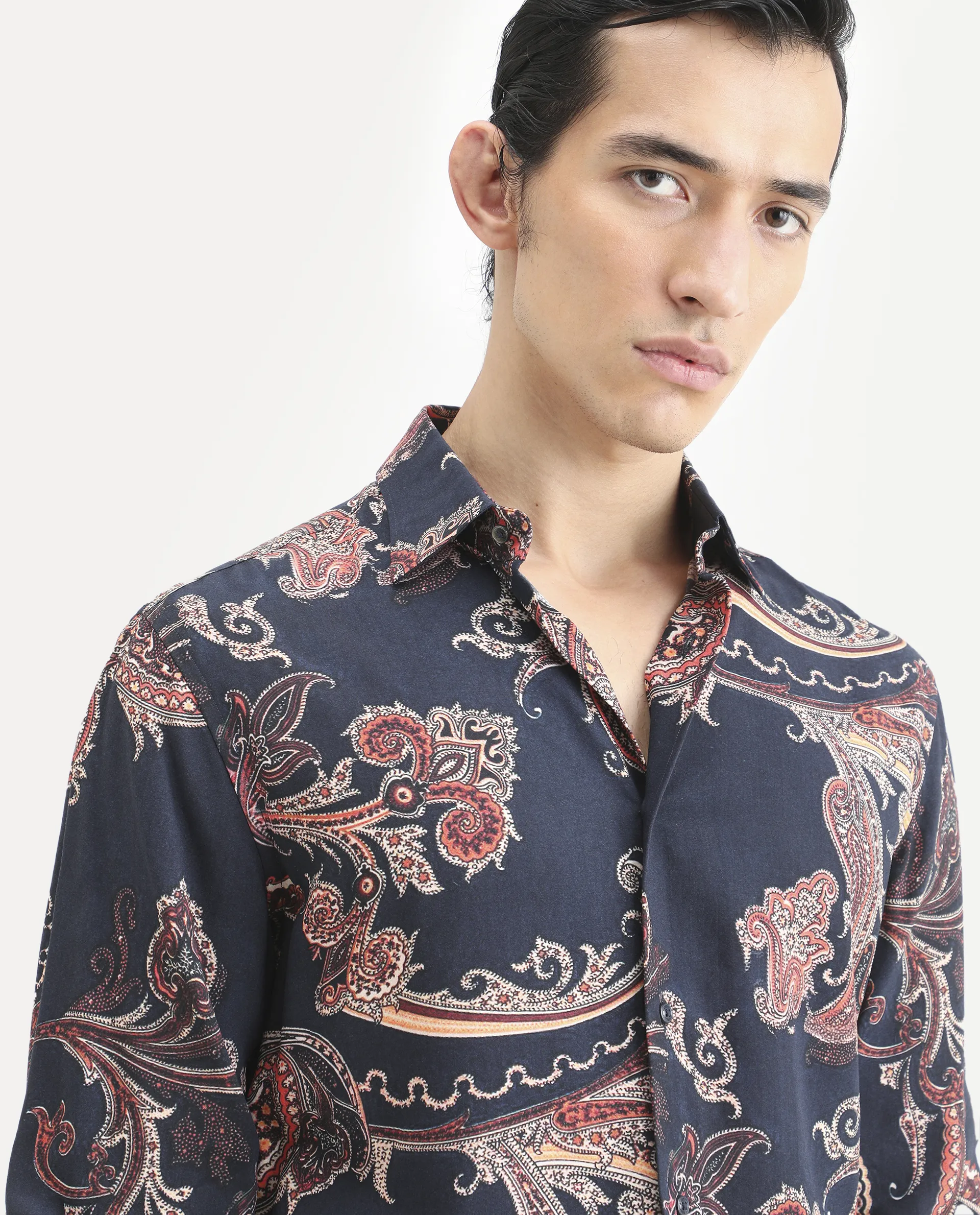 Rare Rabbit Men's Strom Dark Blue Viscose Paisley Print Regular Fit Full Sleeve Collared Shirt - Image 4