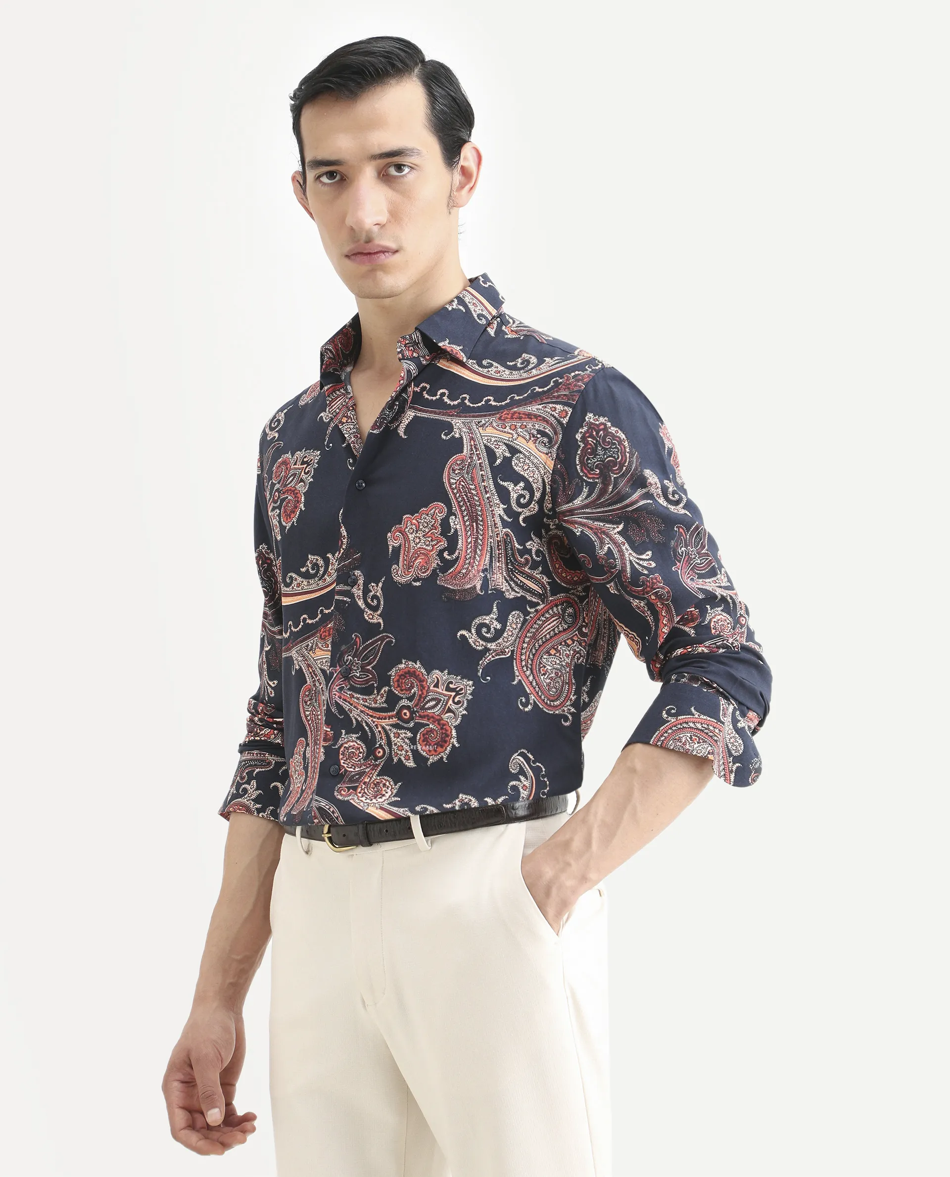 Rare Rabbit Men's Strom Dark Blue Viscose Paisley Print Regular Fit Full Sleeve Collared Shirt - Image 5