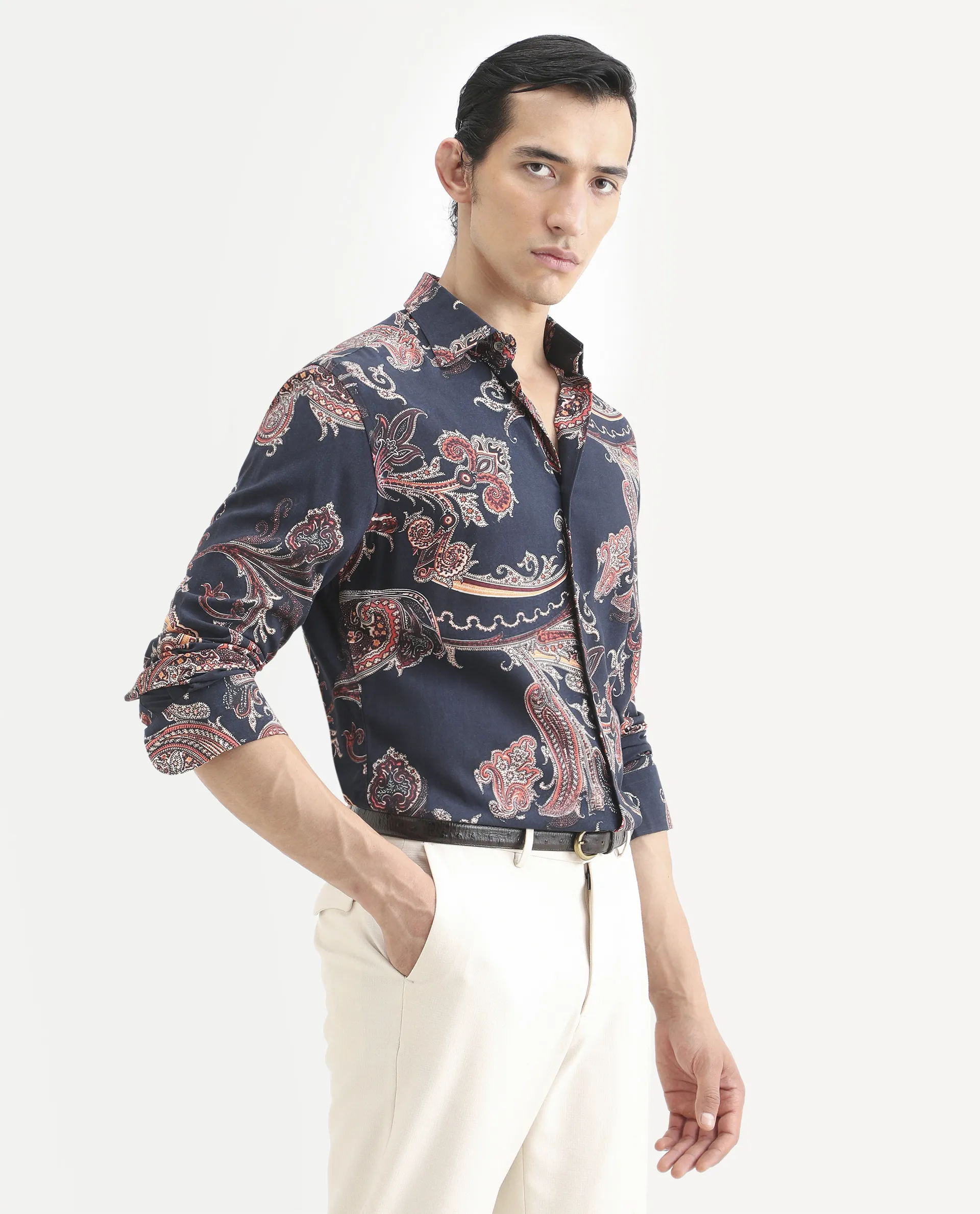 Rare Rabbit Men's Strom Dark Blue Viscose Paisley Print Regular Fit Full Sleeve Collared Shirt - Image 6