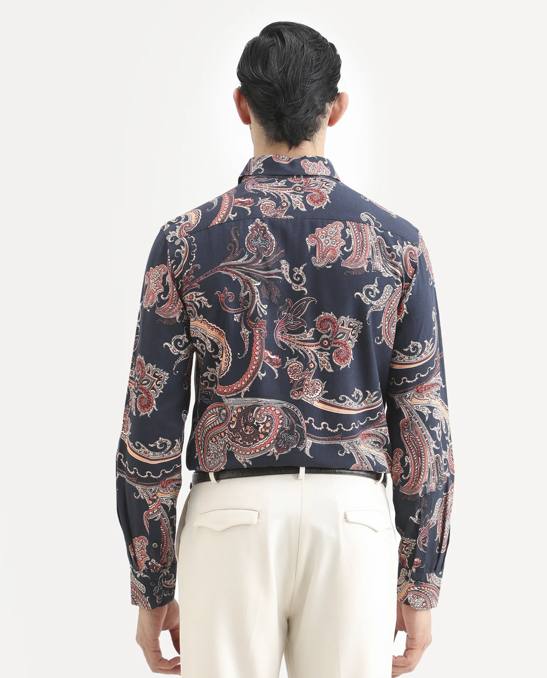 Rare Rabbit Men's Strom Dark Blue Viscose Paisley Print Regular Fit Full Sleeve Collared Shirt - Image 7