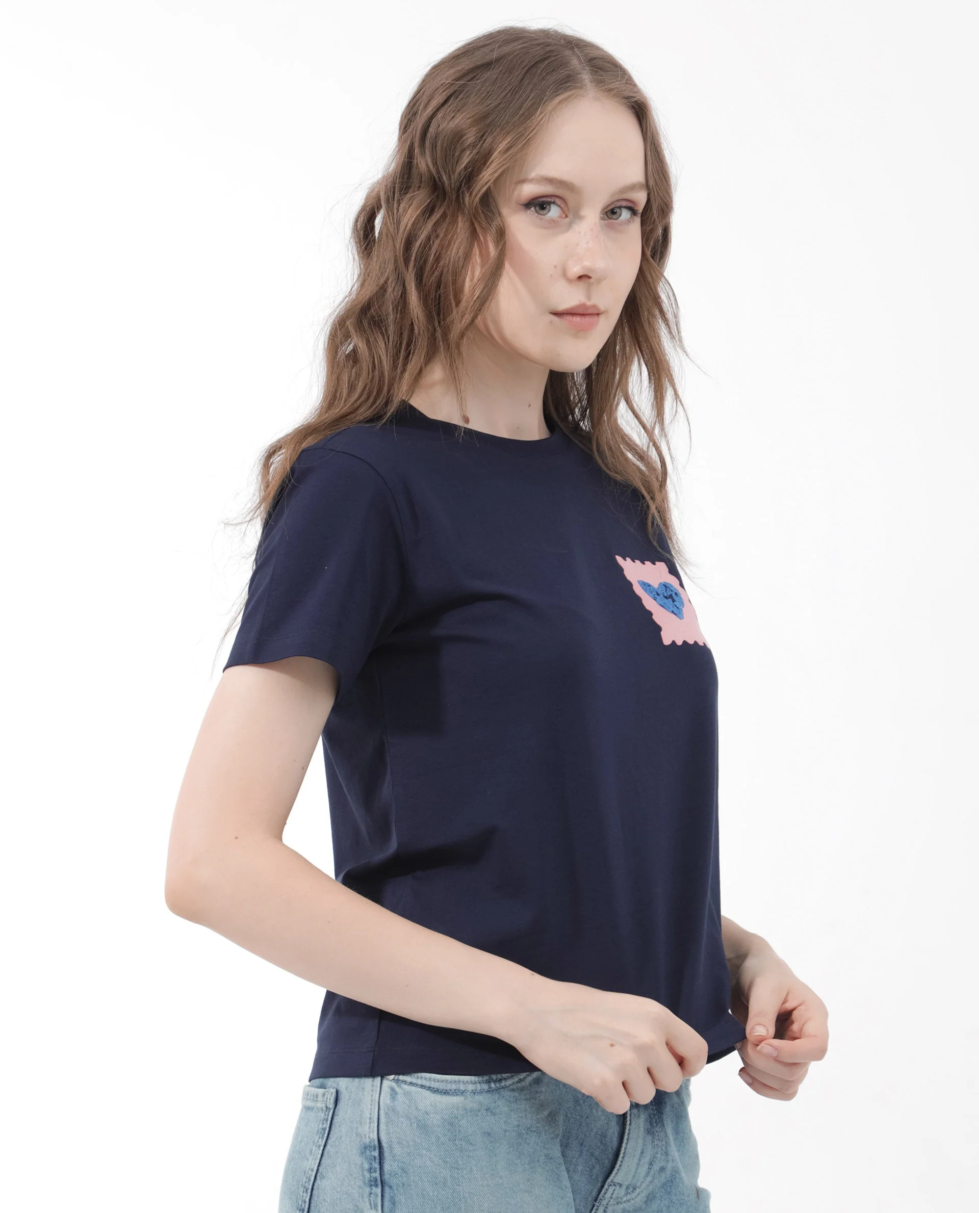 Rareism Women's Strudant Dark Navy Cotton Blend Crew Neck Graphic Print Regular Fit T-Shirt - Image 6