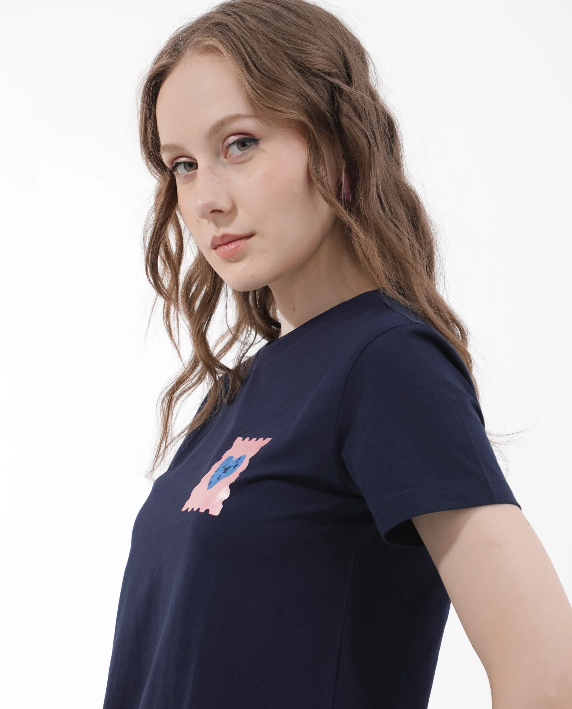 Rareism Women's Strudant Dark Navy Cotton Blend Crew Neck Graphic Print Regular Fit T-Shirt - Image 8