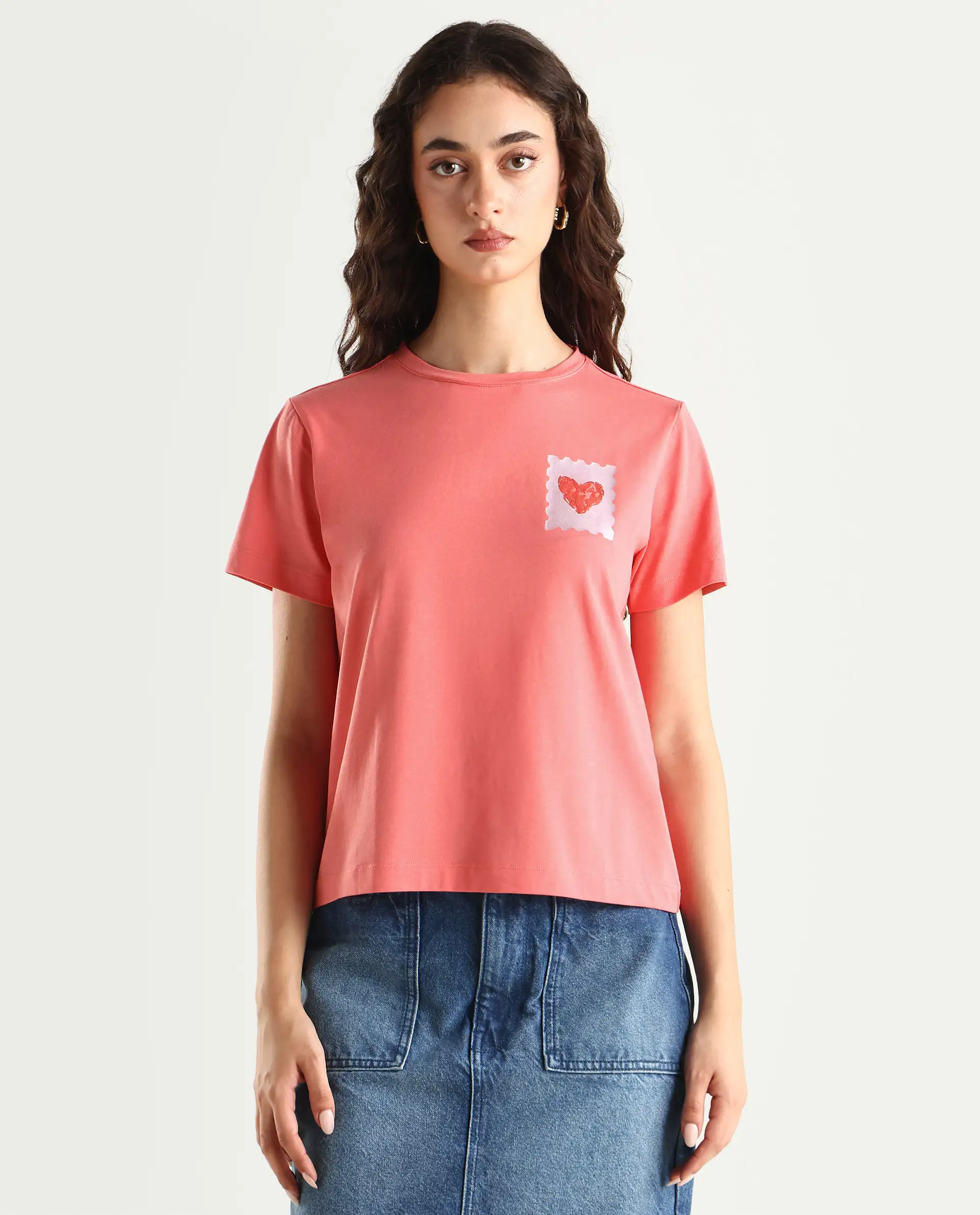 Rareism Women's Strudant Peach Cotton Blend Crew Neck Graphic Print Regular Fit T-Shirt - Image 3