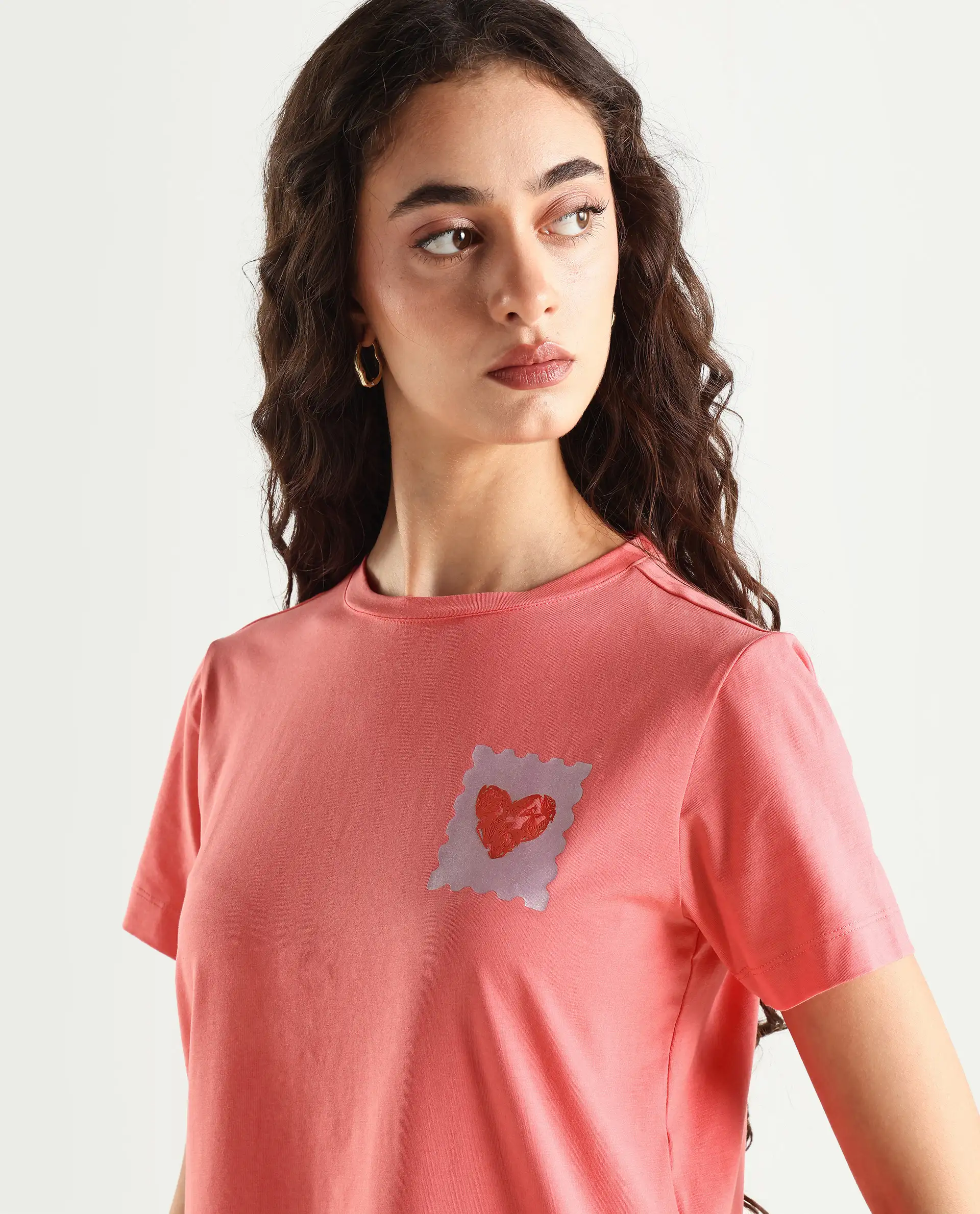 Rareism Women's Strudant Peach Cotton Blend Crew Neck Graphic Print Regular Fit T-Shirt - Image 4
