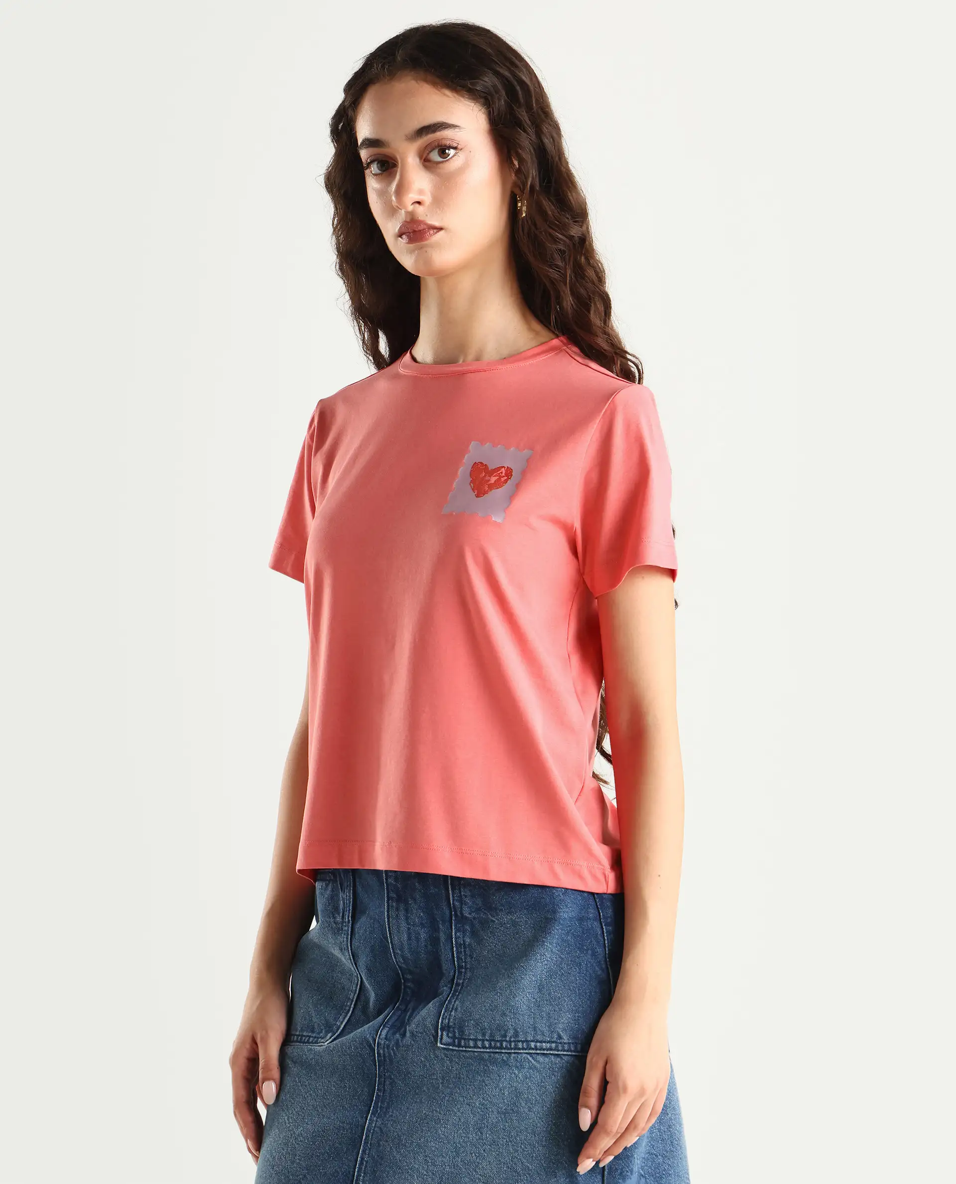Rareism Women's Strudant Peach Cotton Blend Crew Neck Graphic Print Regular Fit T-Shirt - Image 5