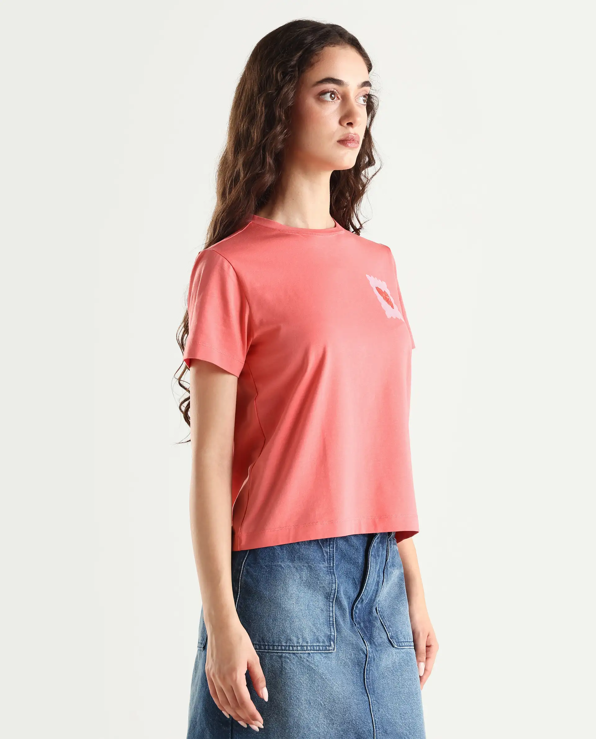 Rareism Women's Strudant Peach Cotton Blend Crew Neck Graphic Print Regular Fit T-Shirt - Image 6