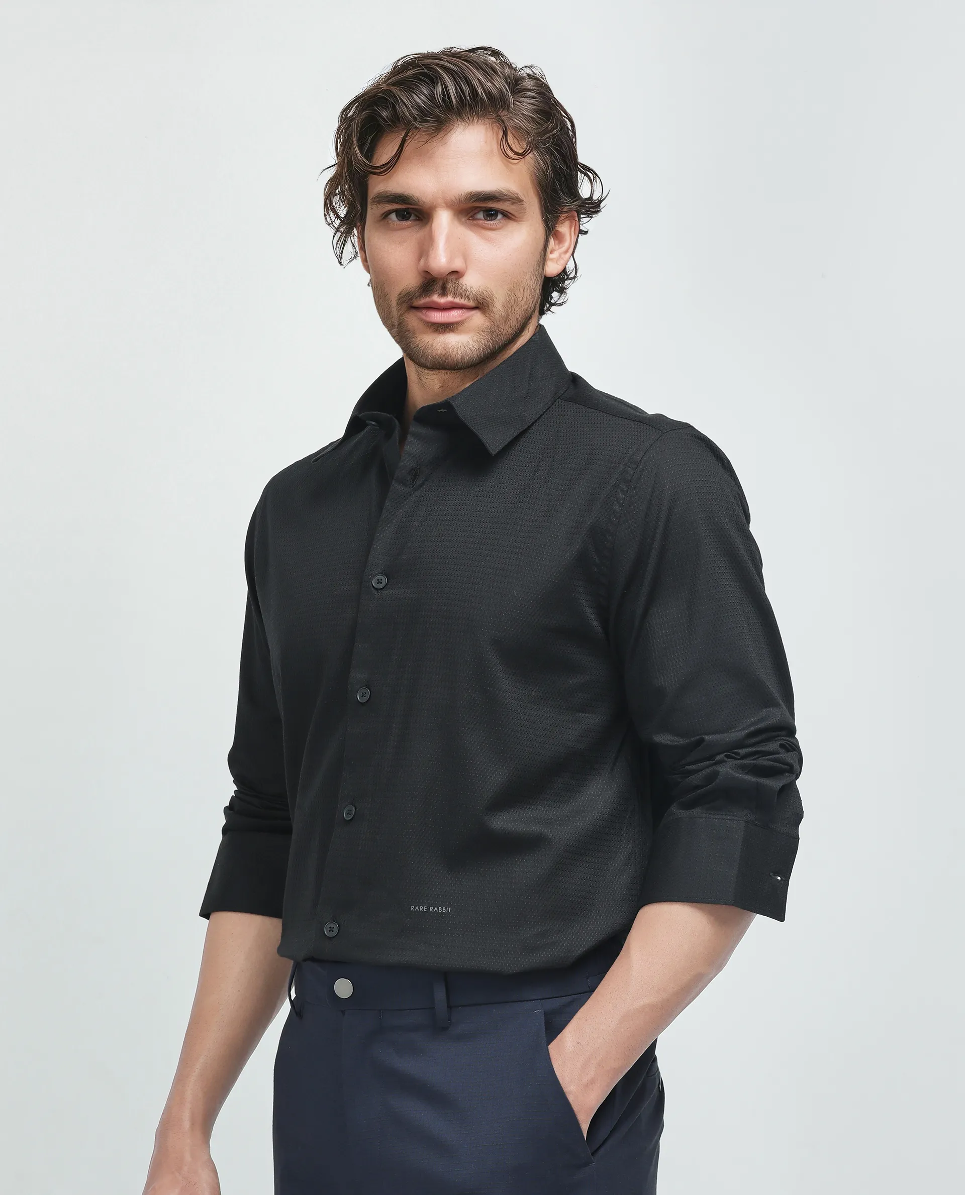 Rare Rabbit Men's Stum Ls Black Cotton Plain Regular Fit Full Sleeve Collared Shirt - Image 5