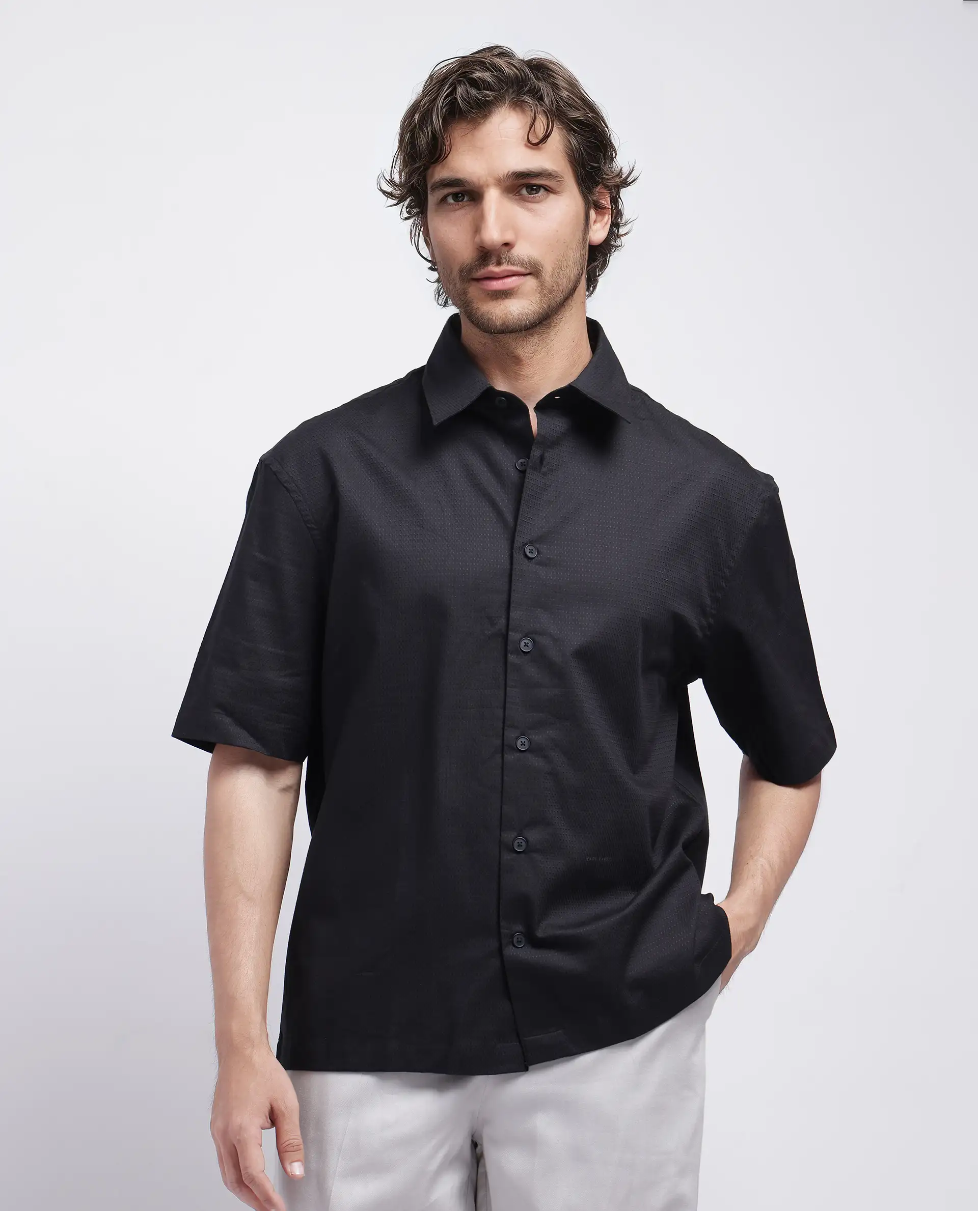 Rare Rabbit Men's Stum Ss Black Cotton Plain Regular Fit Half Sleeve Collared Shirt