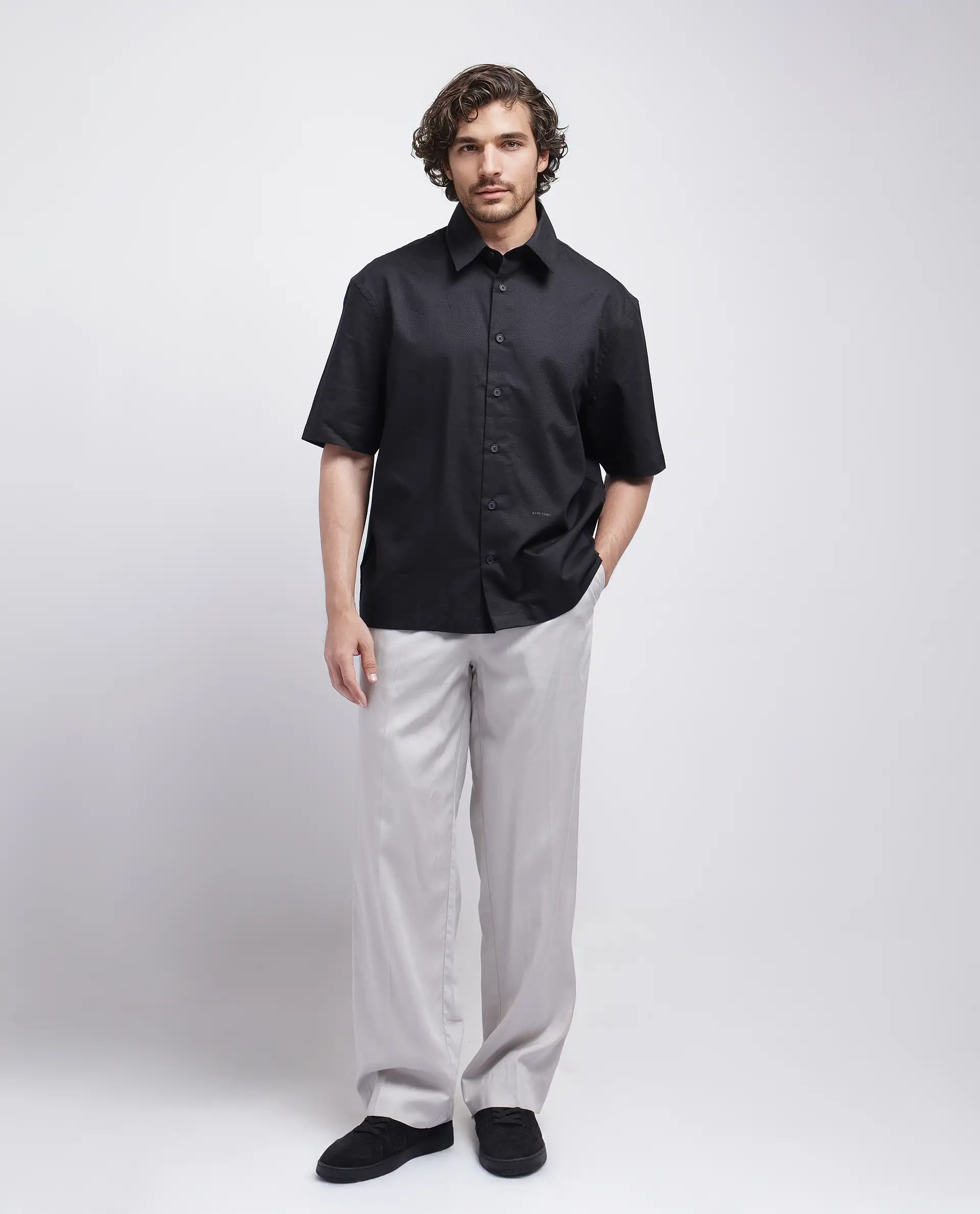 Rare Rabbit Men's Stum Ss Black Cotton Plain Regular Fit Half Sleeve Collared Shirt - Image 2