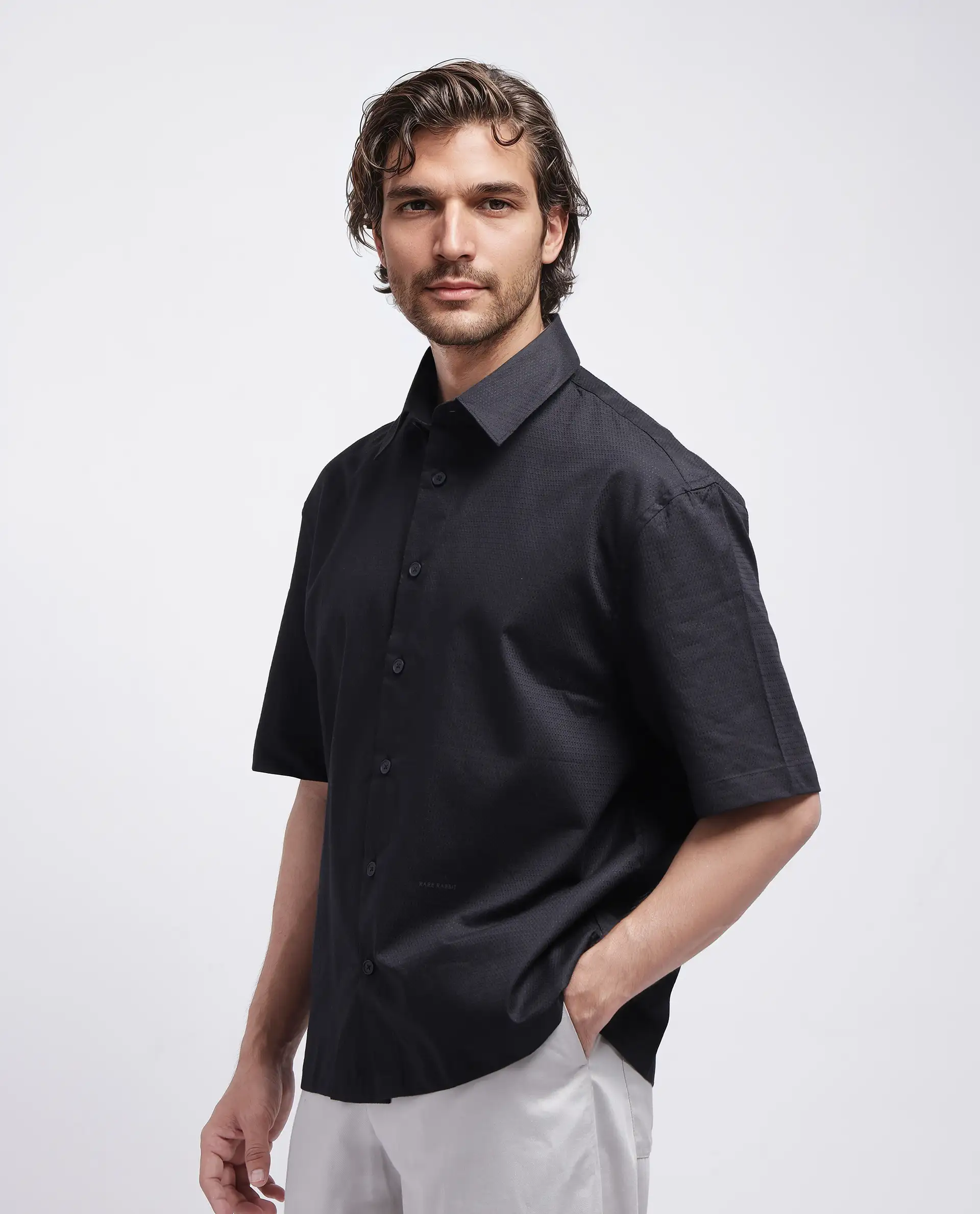 Rare Rabbit Men's Stum Ss Black Cotton Plain Regular Fit Half Sleeve Collared Shirt - Image 7