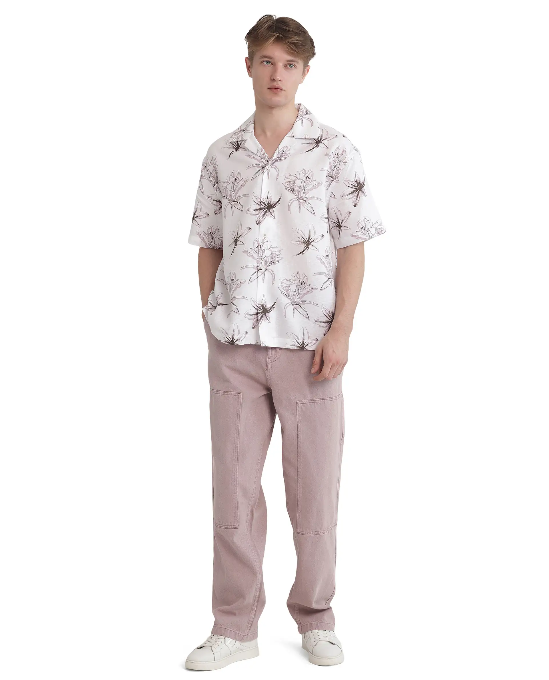 Rare Rabbit Men's Strup White Cotton Floral Print Boxy Fit Half Sleeve Cuban Collar Shirt - Image 2