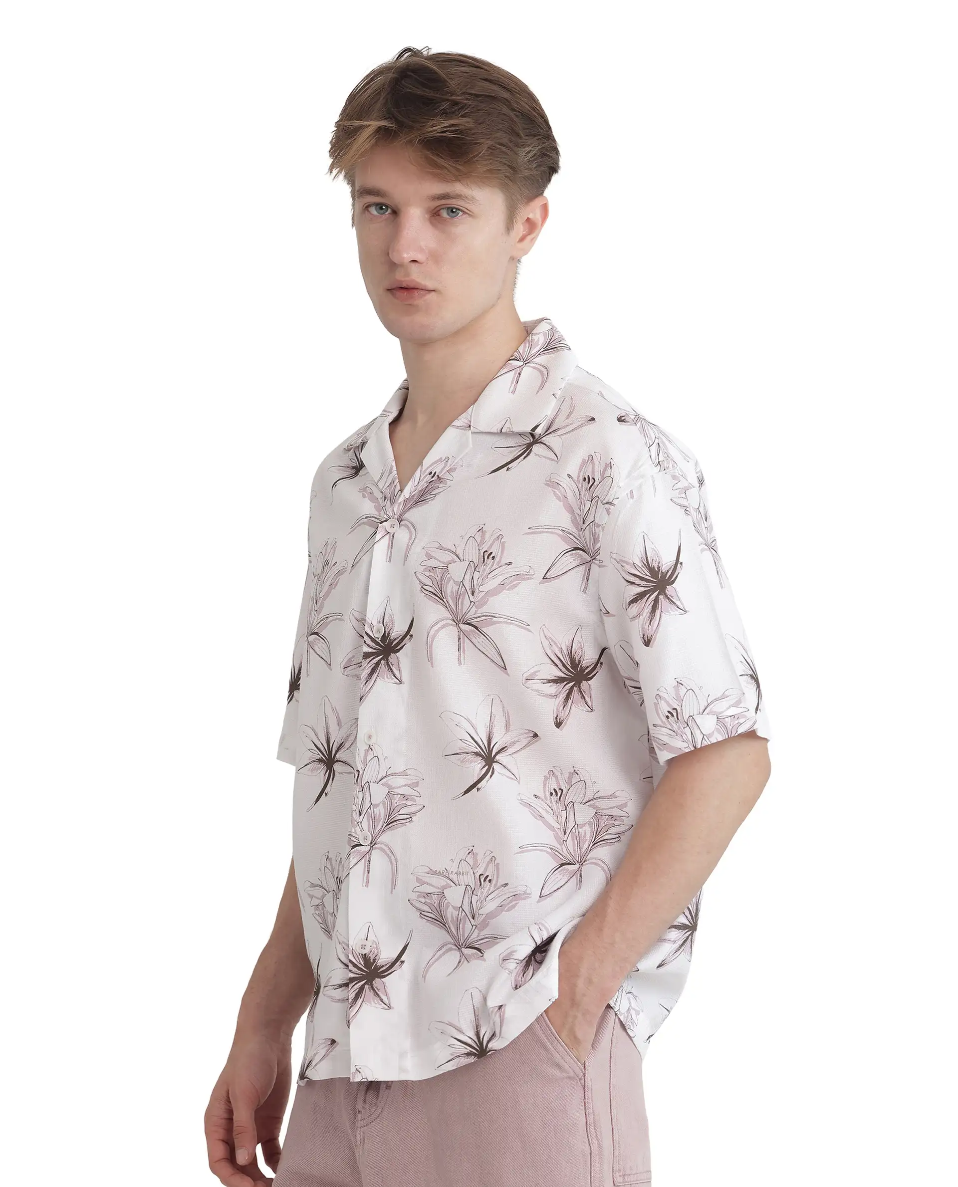 Rare Rabbit Men's Strup White Cotton Floral Print Boxy Fit Half Sleeve Cuban Collar Shirt - Image 5