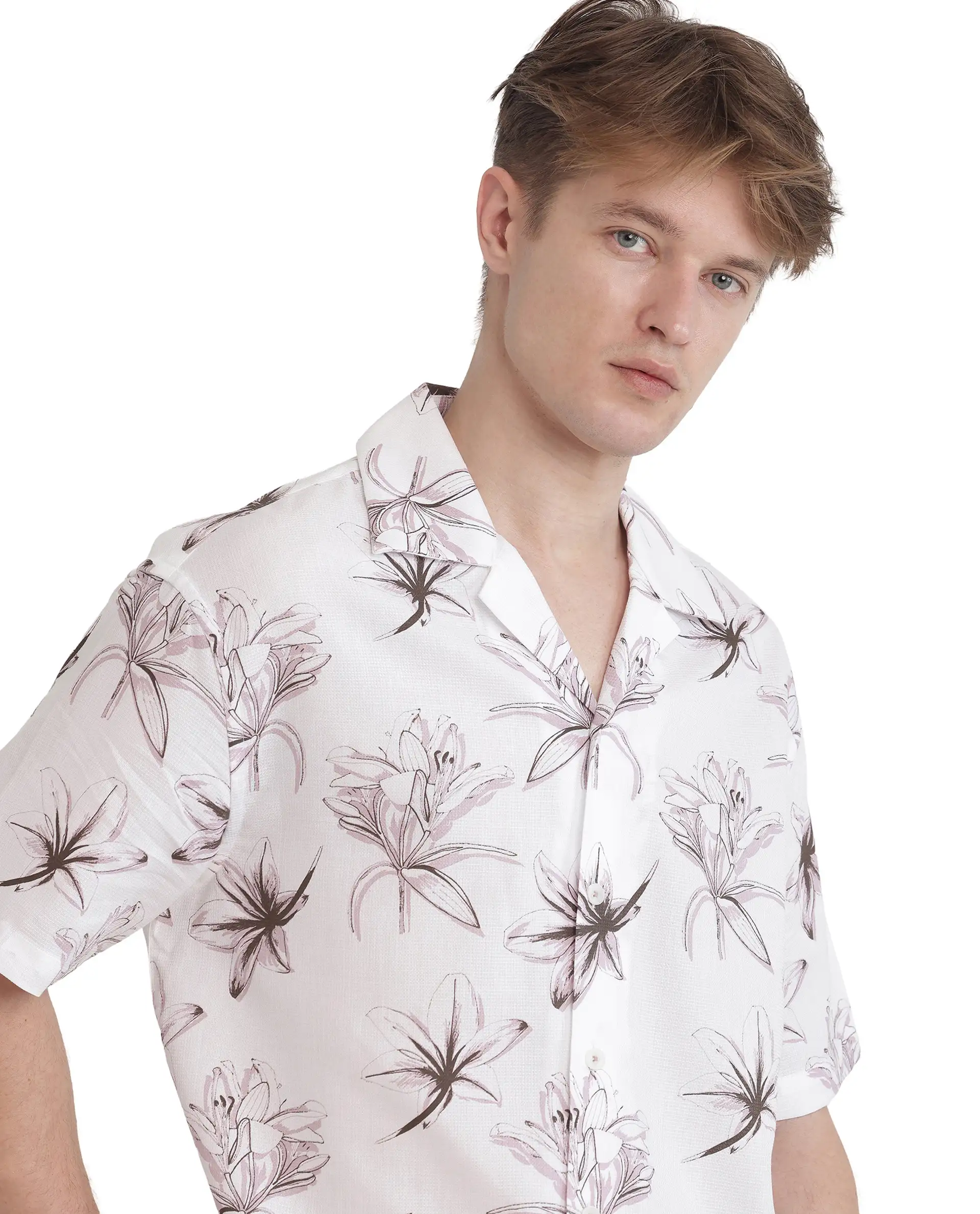 Rare Rabbit Men's Strup White Cotton Floral Print Boxy Fit Half Sleeve Cuban Collar Shirt - Image 7