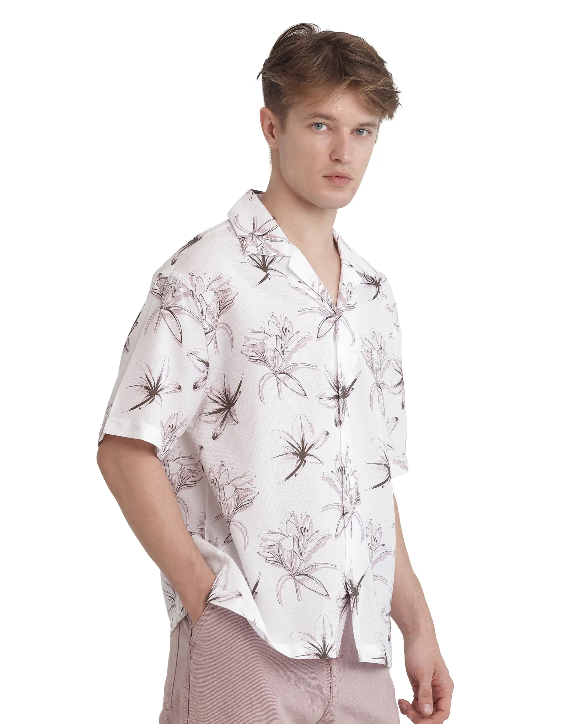 Rare Rabbit Men's Strup White Cotton Floral Print Boxy Fit Half Sleeve Cuban Collar Shirt - Image 8