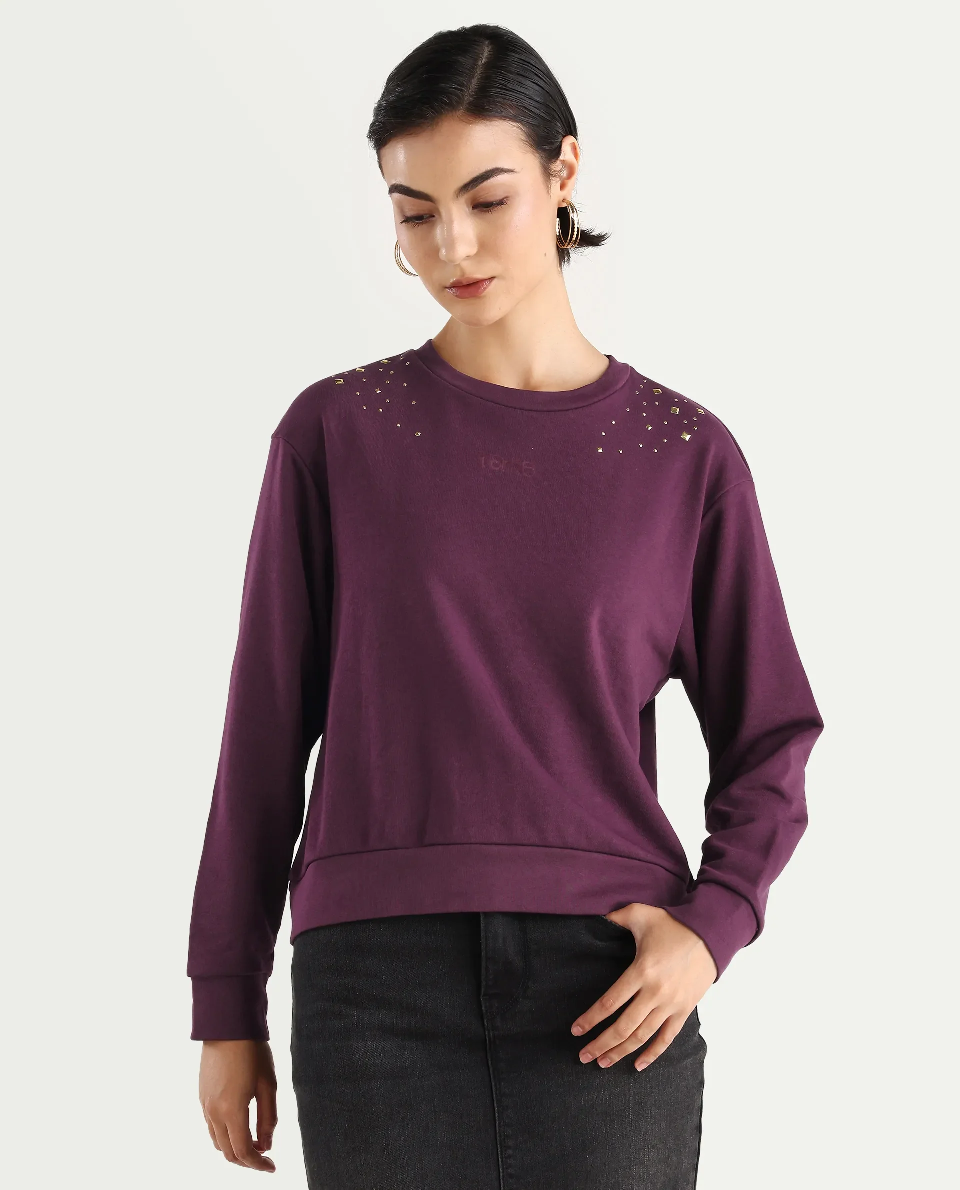 Rareism Women's Studo Dark Purple Cotton Blend Crew Neck Plain Relaxed Fit Sweatshirt - Image 3