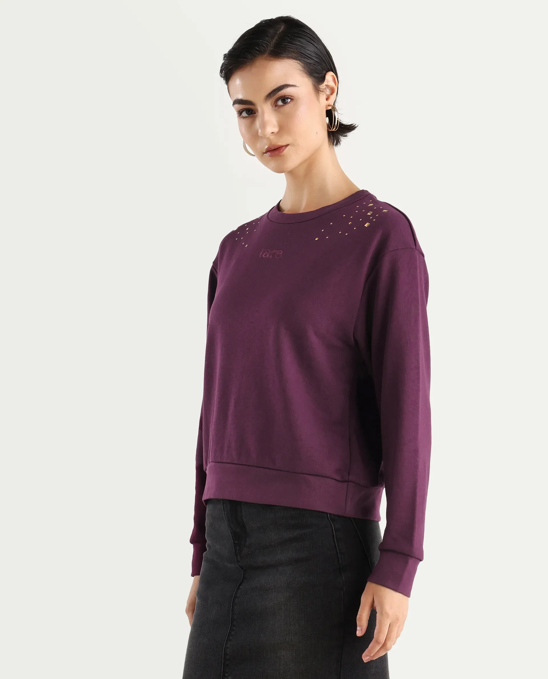 Rareism Women's Studo Dark Purple Cotton Blend Crew Neck Plain Relaxed Fit Sweatshirt - Image 5