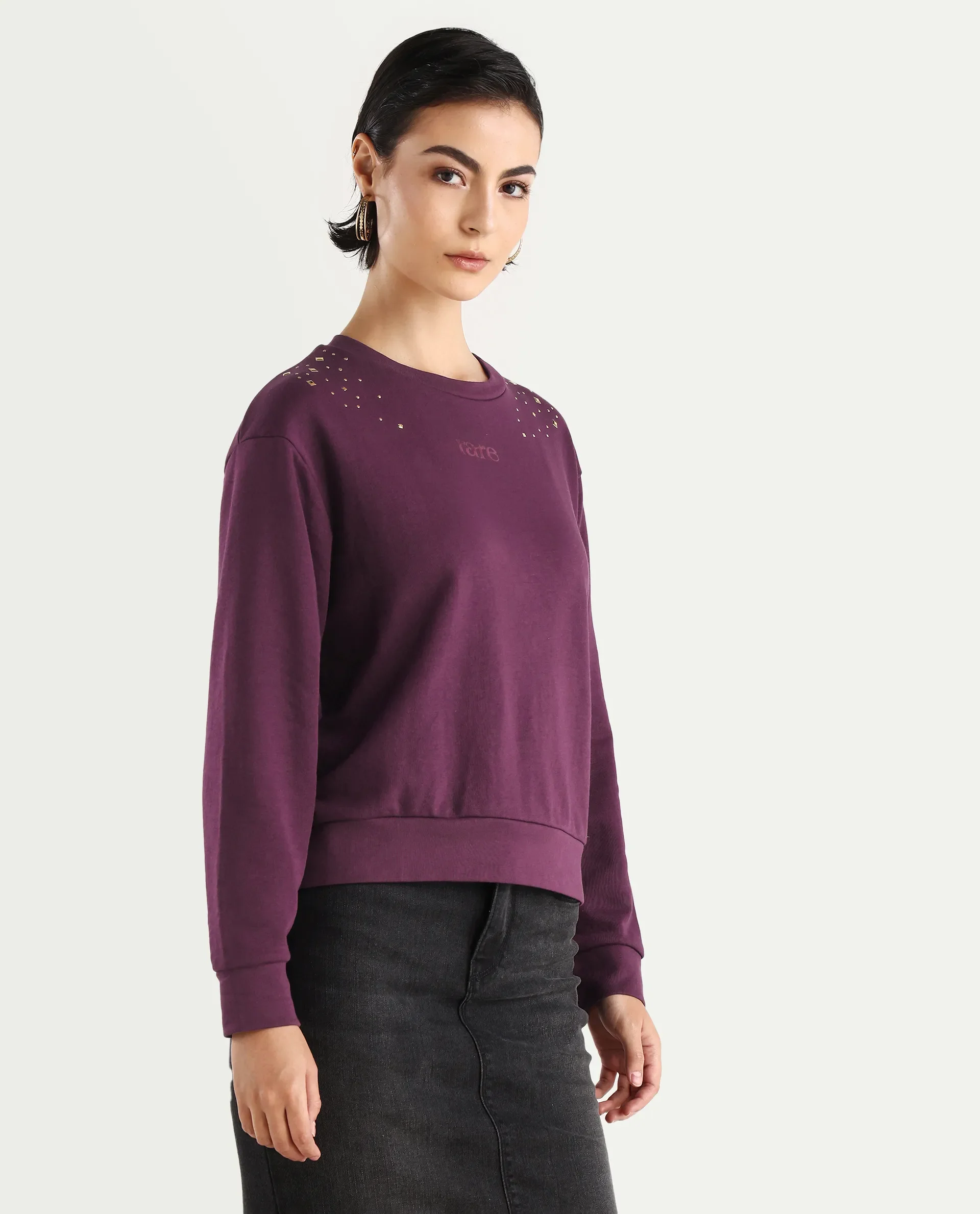 Rareism Women's Studo Dark Purple Cotton Blend Crew Neck Plain Relaxed Fit Sweatshirt - Image 6