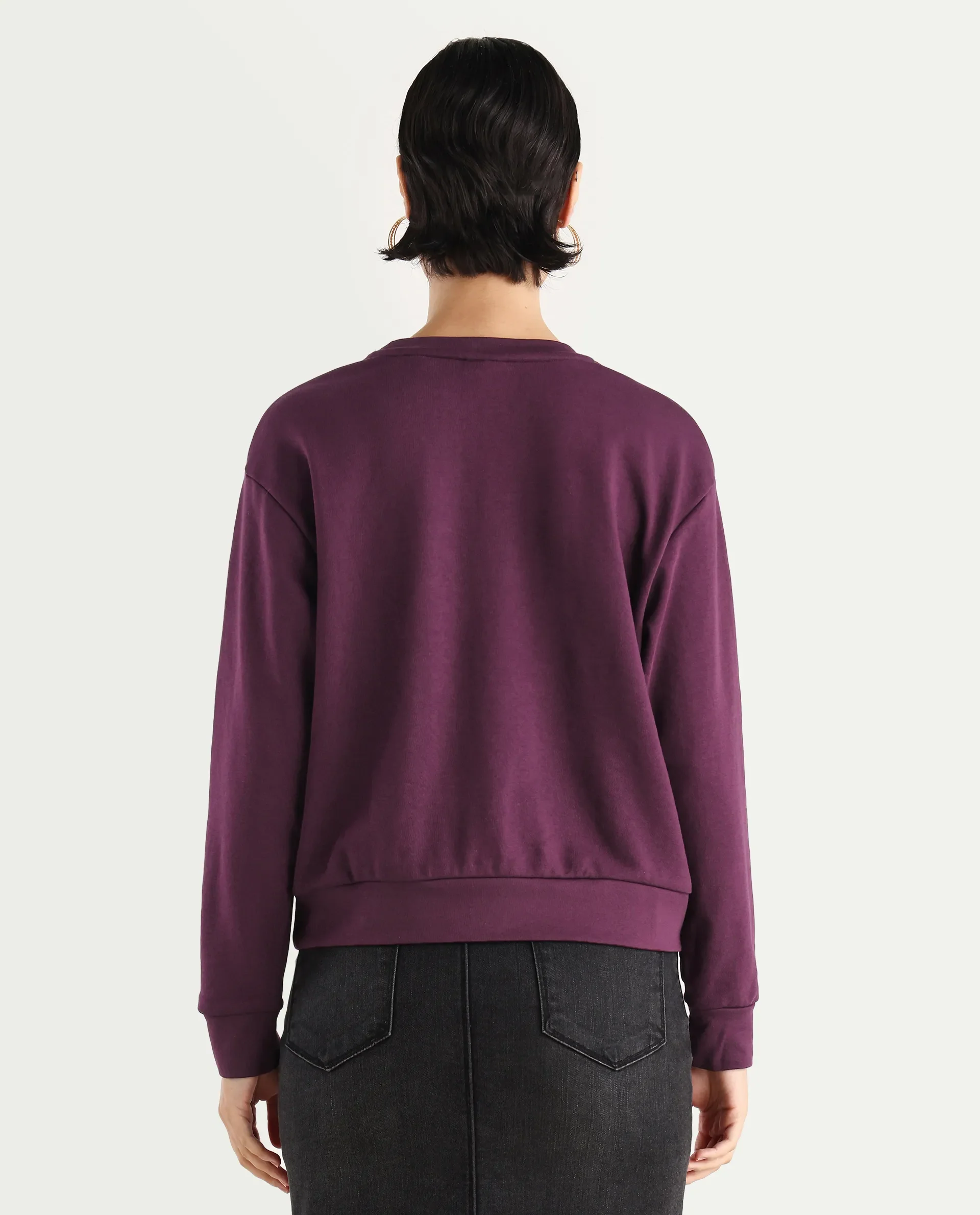 Rareism Women's Studo Dark Purple Cotton Blend Crew Neck Plain Relaxed Fit Sweatshirt - Image 7