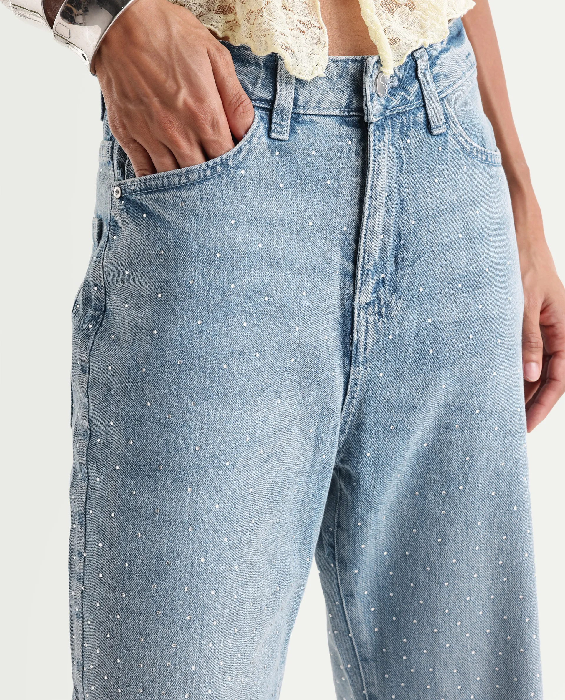 Rareism Women's Study Blue Cotton Blend Plain Ankle Length Smart Straight Fit Jeans - Image 4