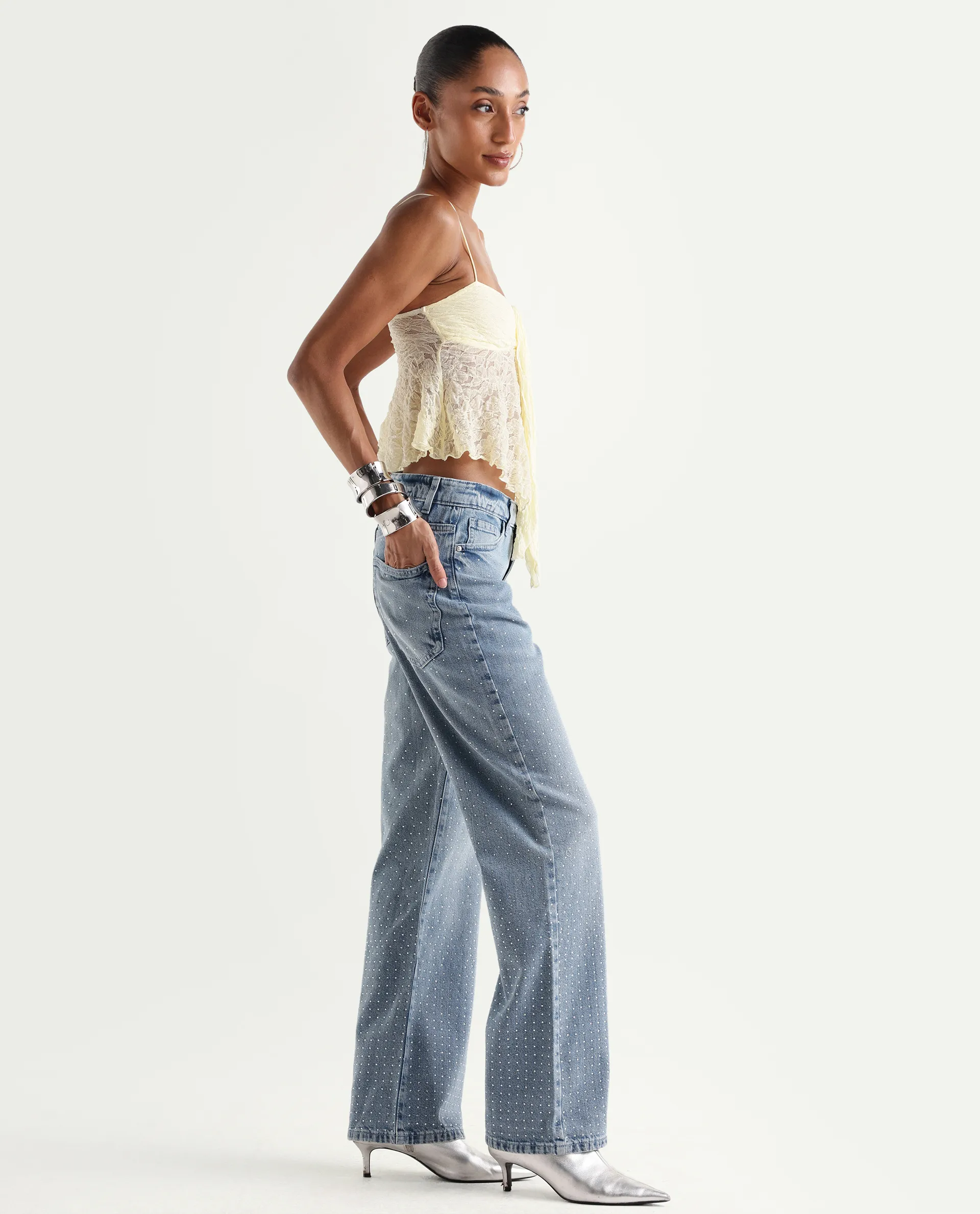 Rareism Women's Study Blue Cotton Blend Plain Ankle Length Smart Straight Fit Jeans - Image 5