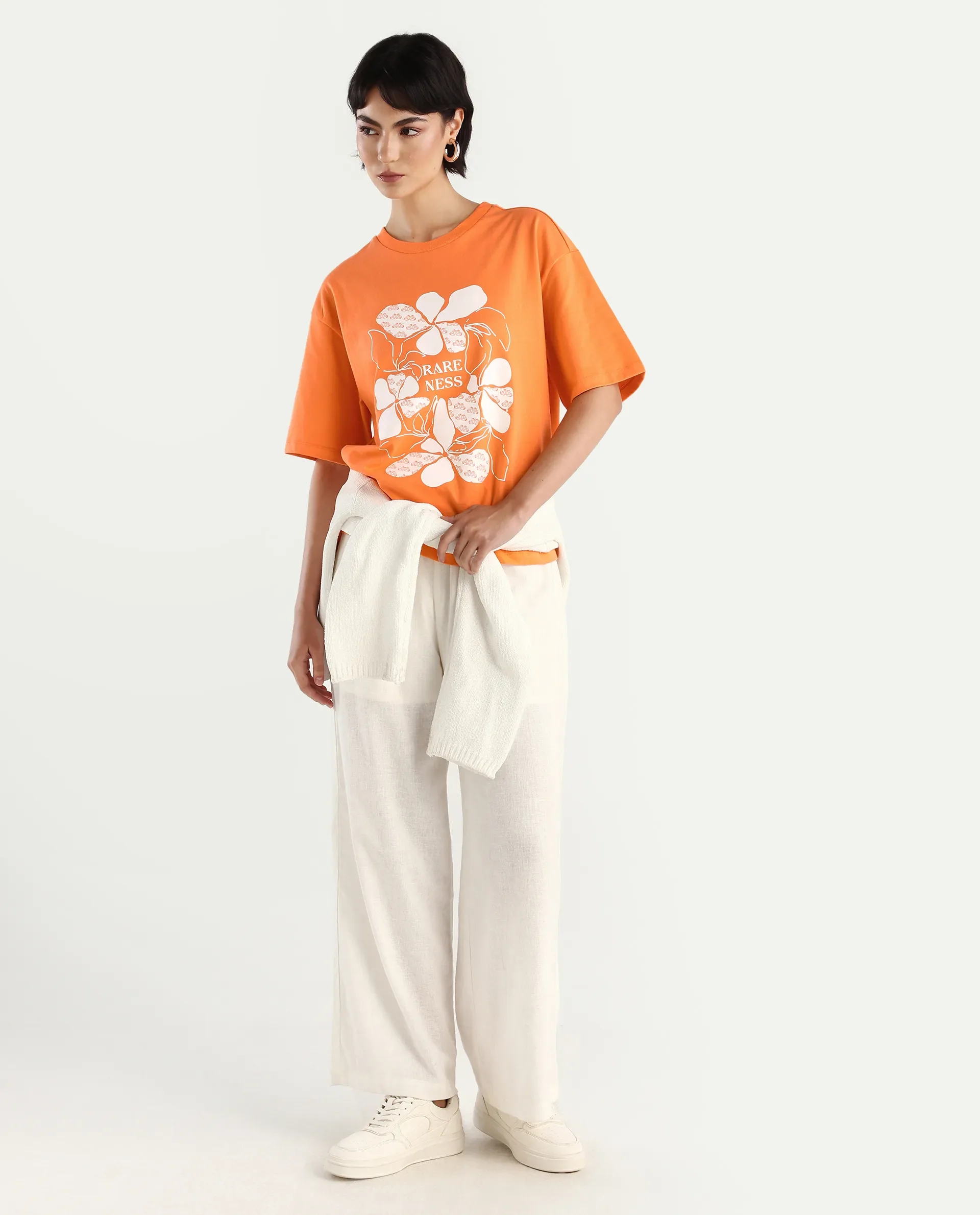 Rareism Women's Stunt Orange Cotton Crew Neck Graphic Print Oversized T-Shirt - Image 2