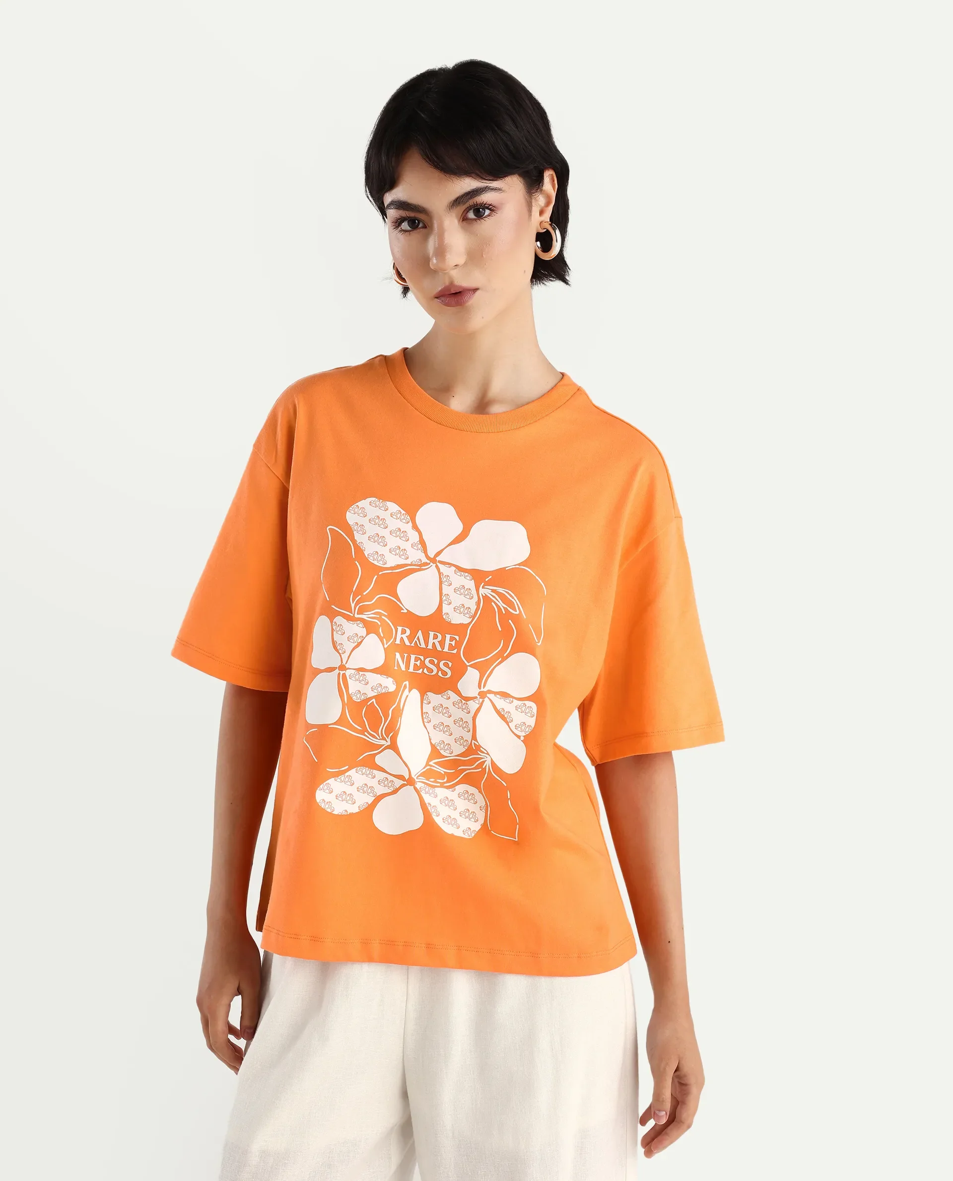 Rareism Women's Stunt Orange Cotton Crew Neck Graphic Print Oversized T-Shirt - Image 3