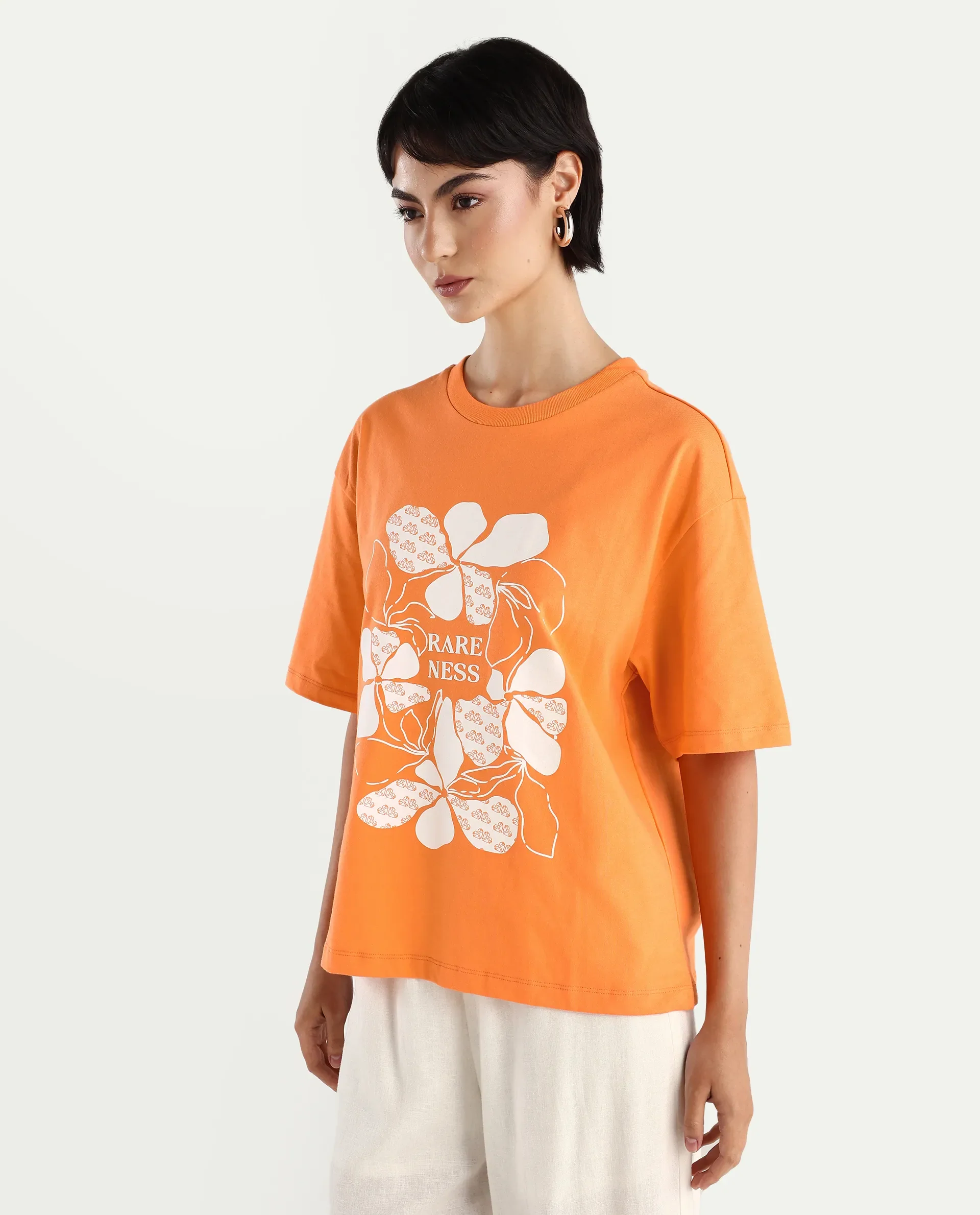 Rareism Women's Stunt Orange Cotton Crew Neck Graphic Print Oversized T-Shirt - Image 5