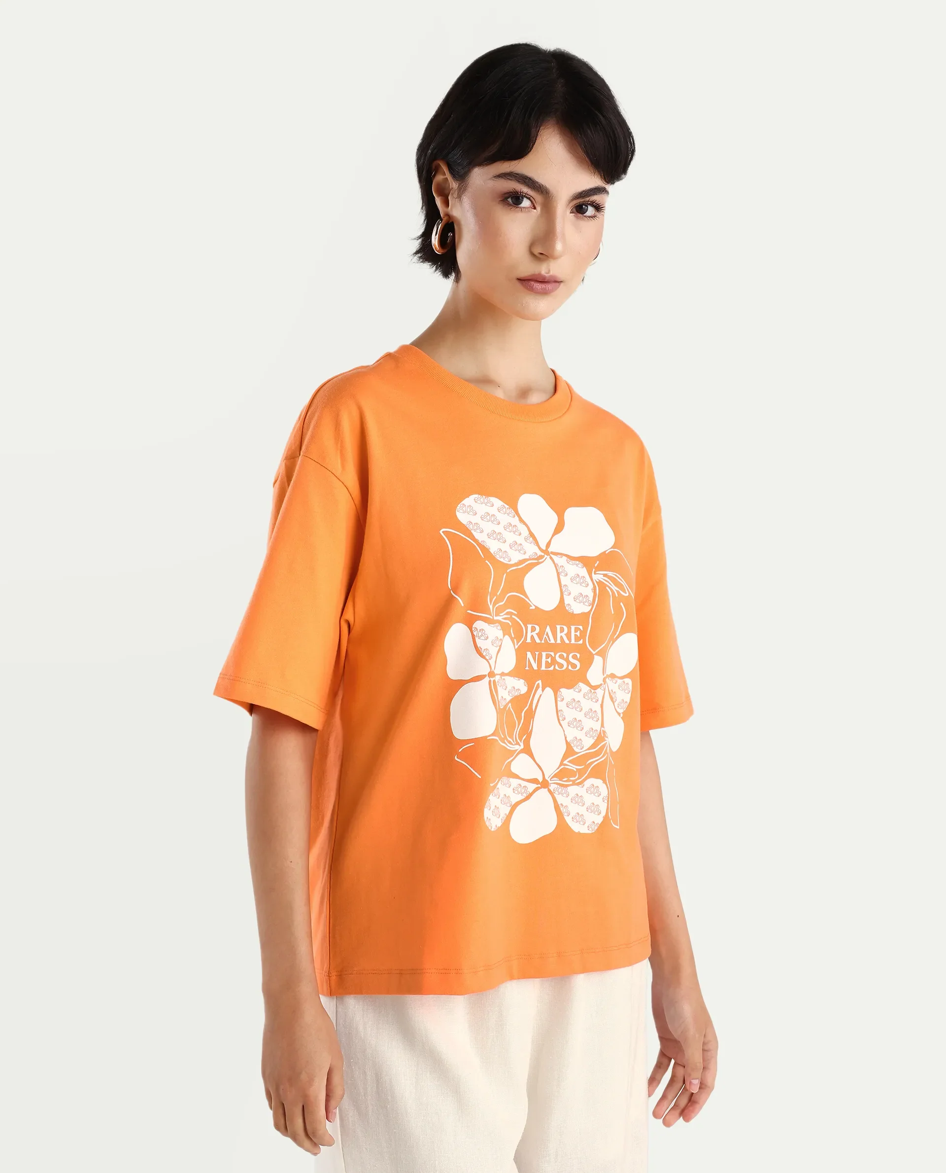 Rareism Women's Stunt Orange Cotton Crew Neck Graphic Print Oversized T-Shirt - Image 6