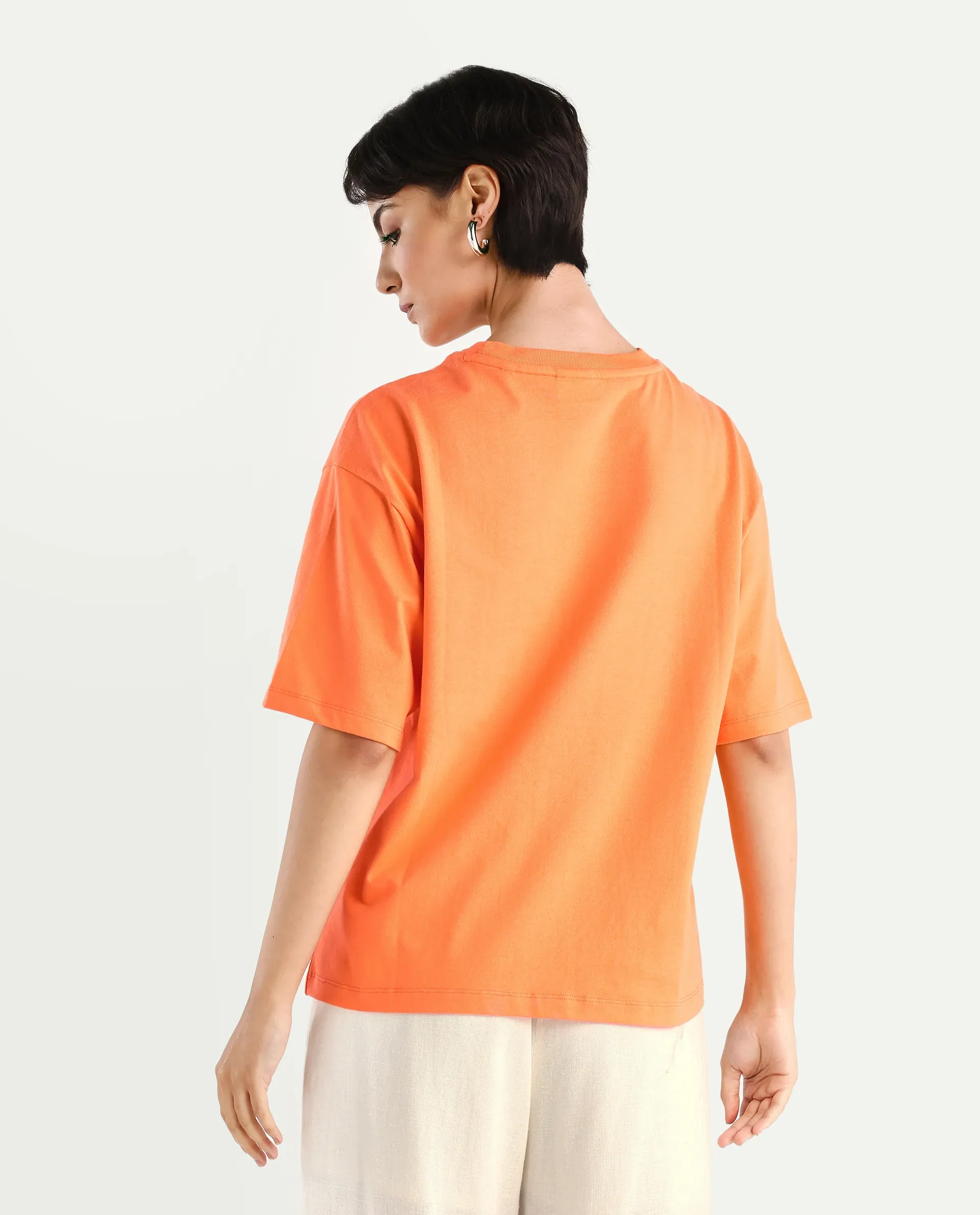 Rareism Women's Stunt Orange Cotton Crew Neck Graphic Print Oversized T-Shirt - Image 7