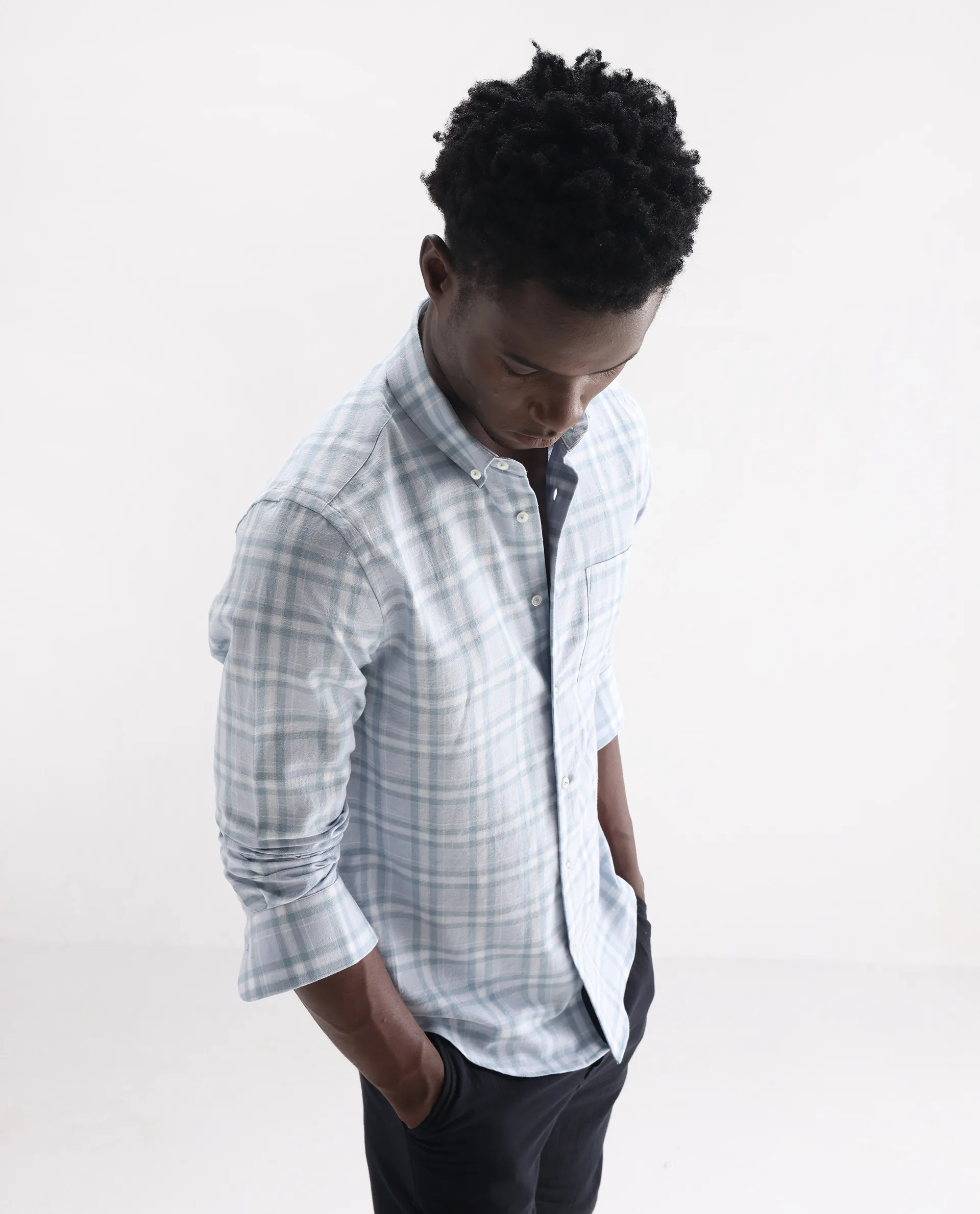 Rare Rabbit Men's Stur Blue 100% Linen Checked Print Regular Fit Full Sleeve Collared Shirt