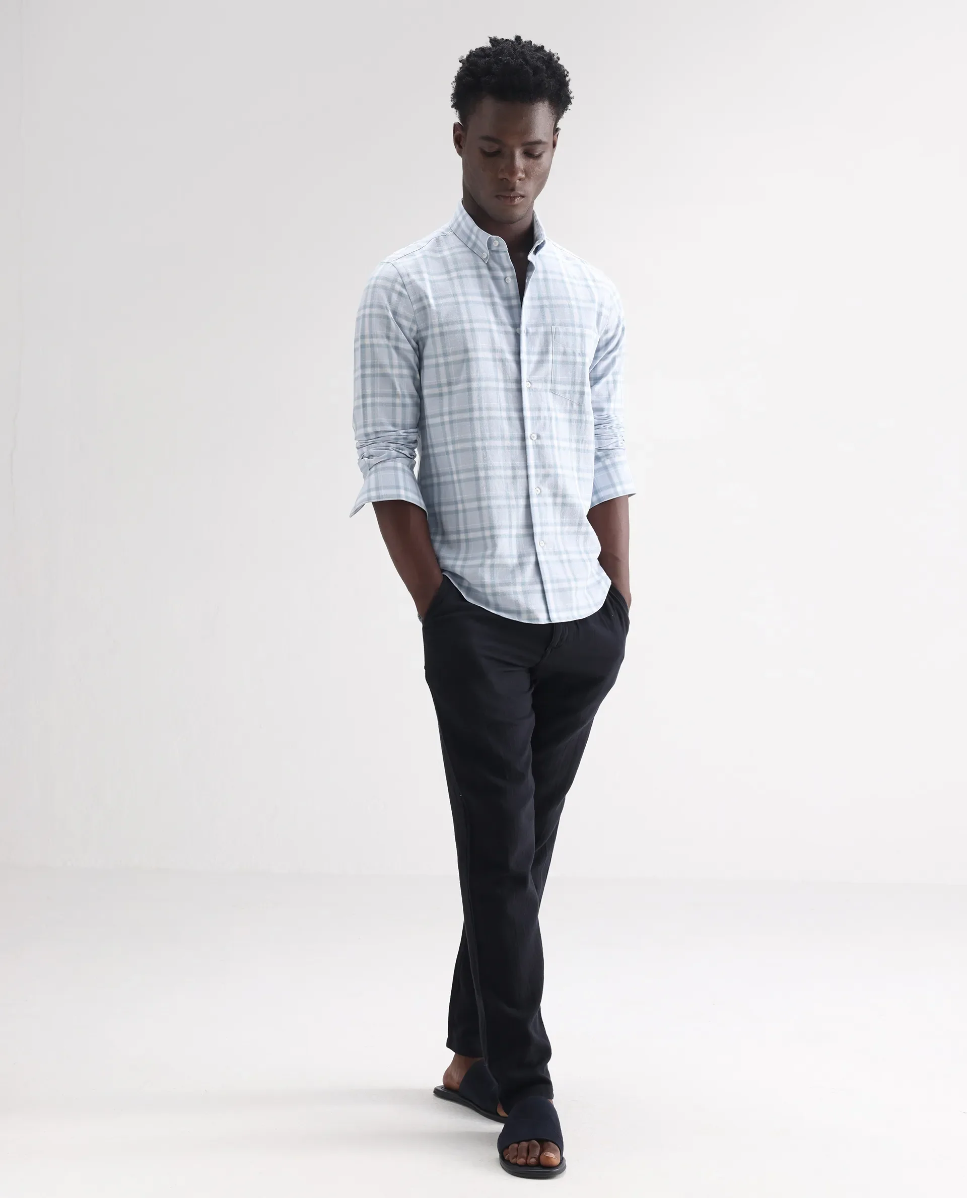 Rare Rabbit Men's Stur Blue 100% Linen Checked Print Regular Fit Full Sleeve Collared Shirt - Image 2