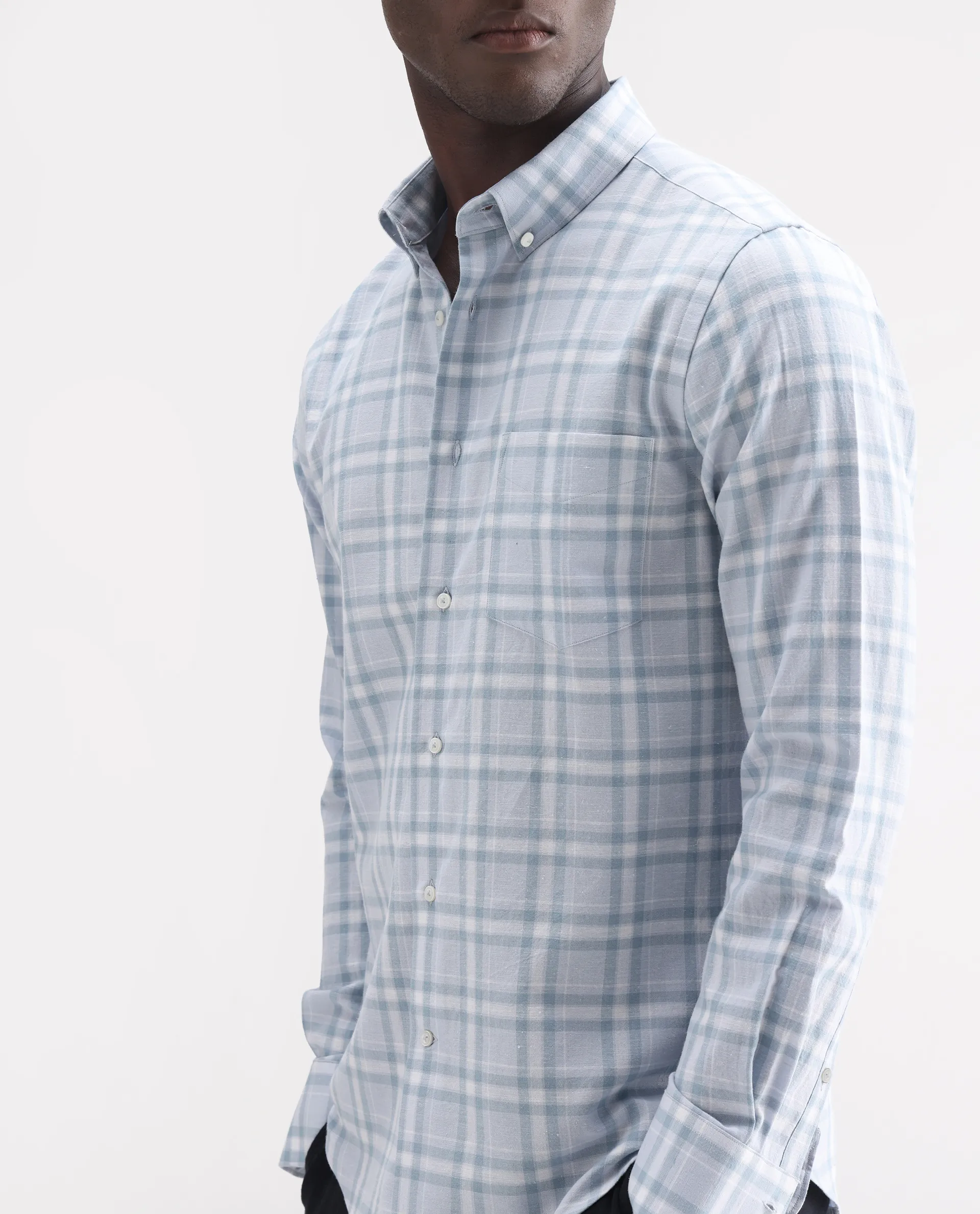 Rare Rabbit Men's Stur Blue 100% Linen Checked Print Regular Fit Full Sleeve Collared Shirt - Image 3