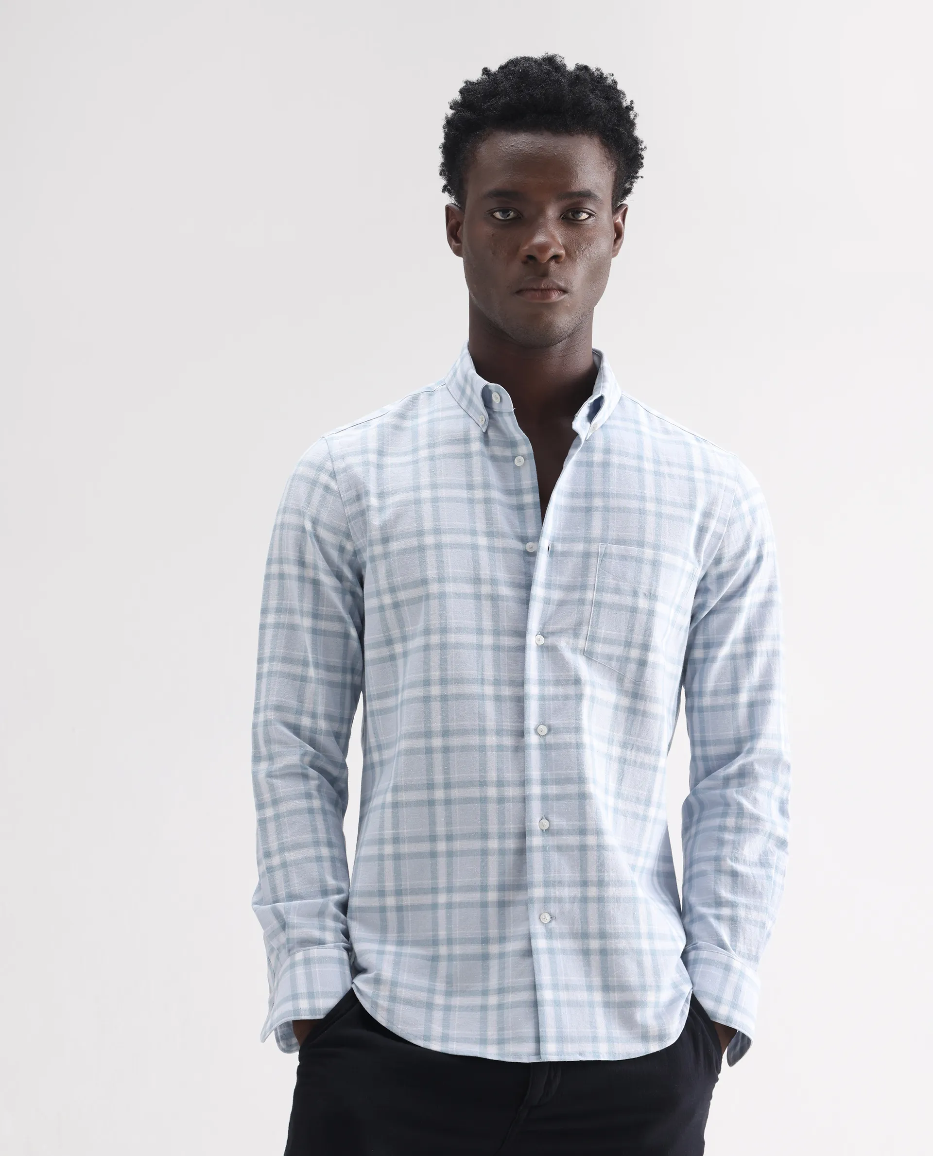 Rare Rabbit Men's Stur Blue 100% Linen Checked Print Regular Fit Full Sleeve Collared Shirt - Image 4