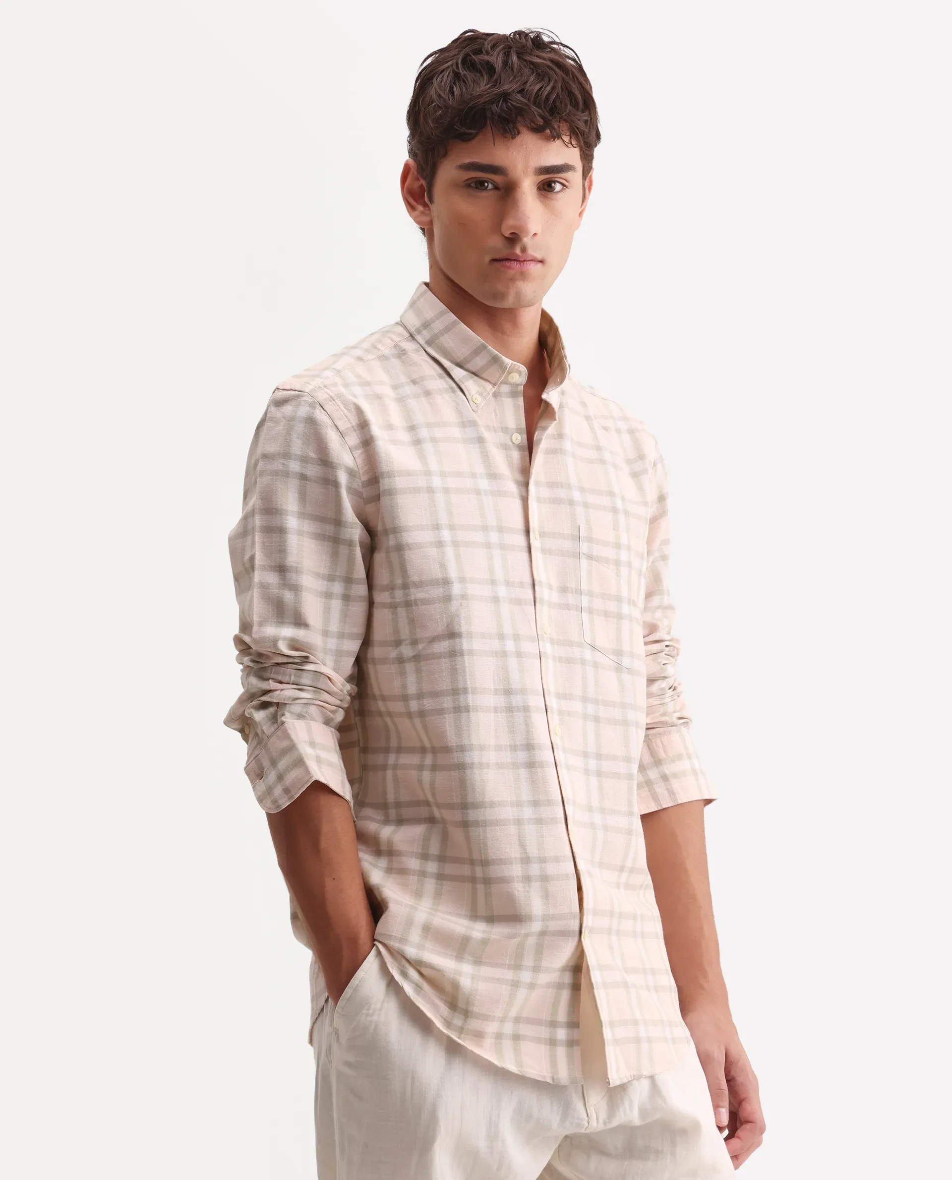 Rare Rabbit Men's Stur Pink 100% Linen Checked Print Regular Fit Full Sleeve Collared Shirt - Image 5