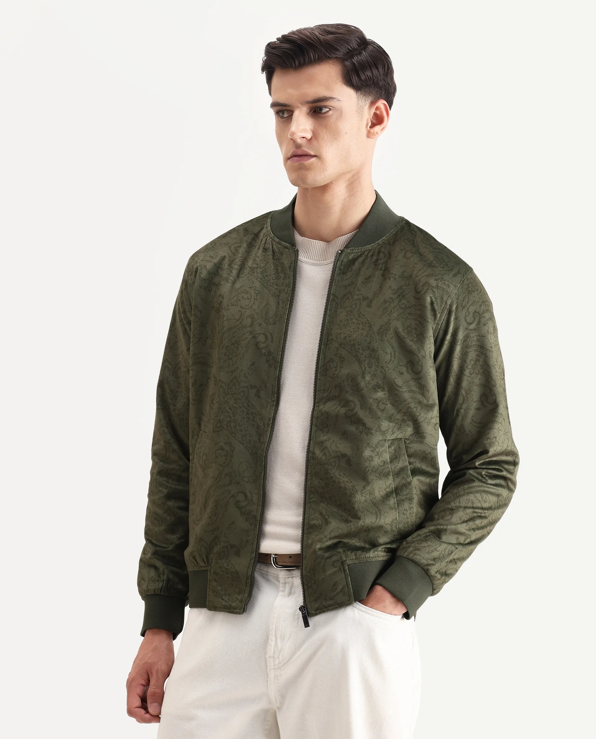 Rare Rabbit Men's Suedo Green Polyester Fabric Mandarin Collar Regular Fit Paisley Print Jacket