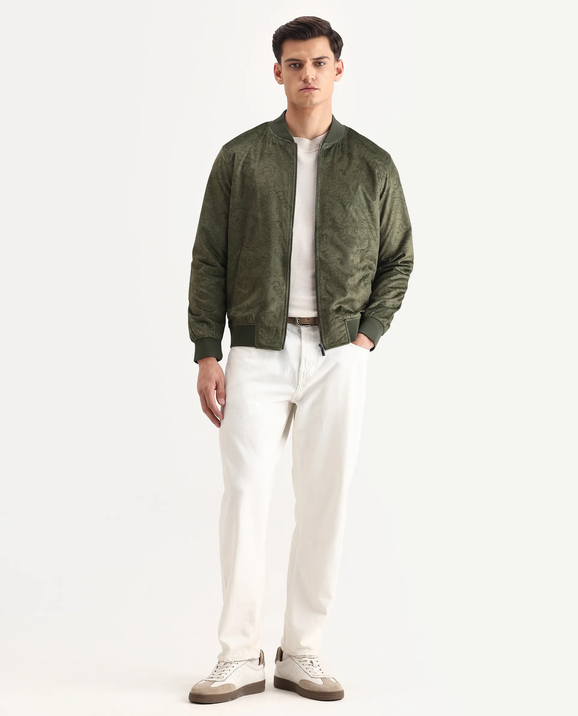 Rare Rabbit Men's Suedo Green Polyester Fabric Mandarin Collar Regular Fit Paisley Print Jacket - Image 2