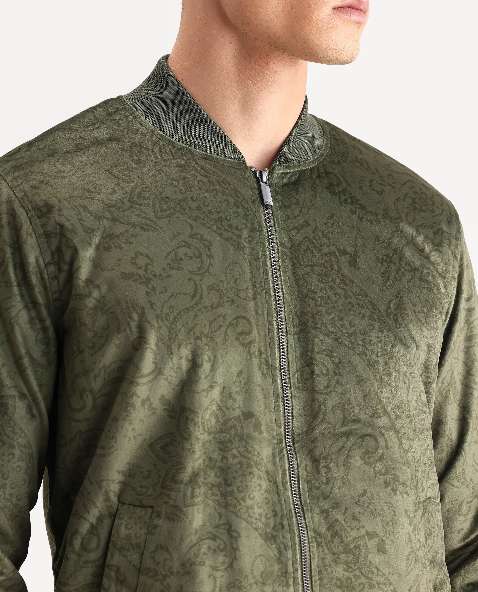 Rare Rabbit Men's Suedo Green Polyester Fabric Mandarin Collar Regular Fit Paisley Print Jacket - Image 3