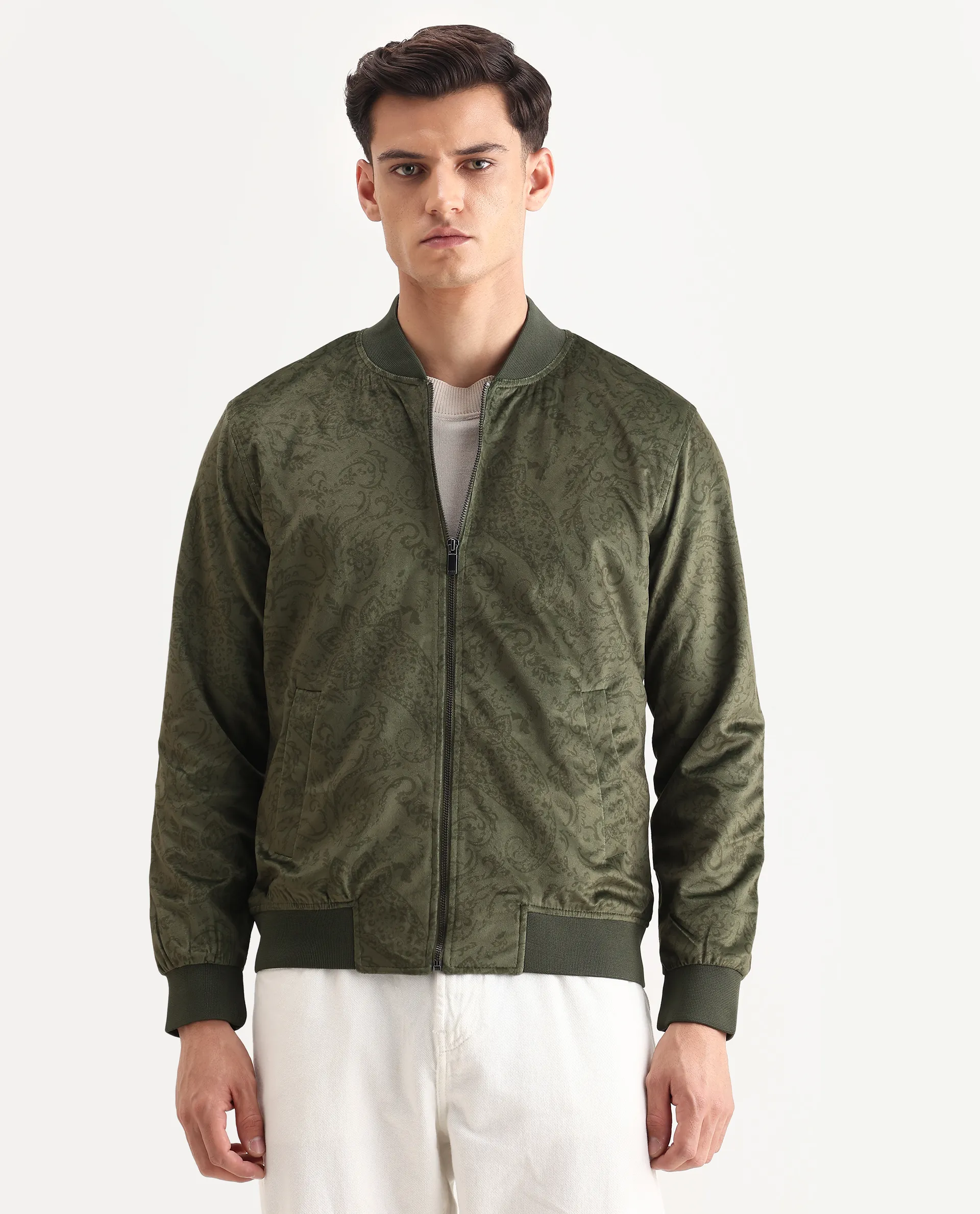 Rare Rabbit Men's Suedo Green Polyester Fabric Mandarin Collar Regular Fit Paisley Print Jacket - Image 4