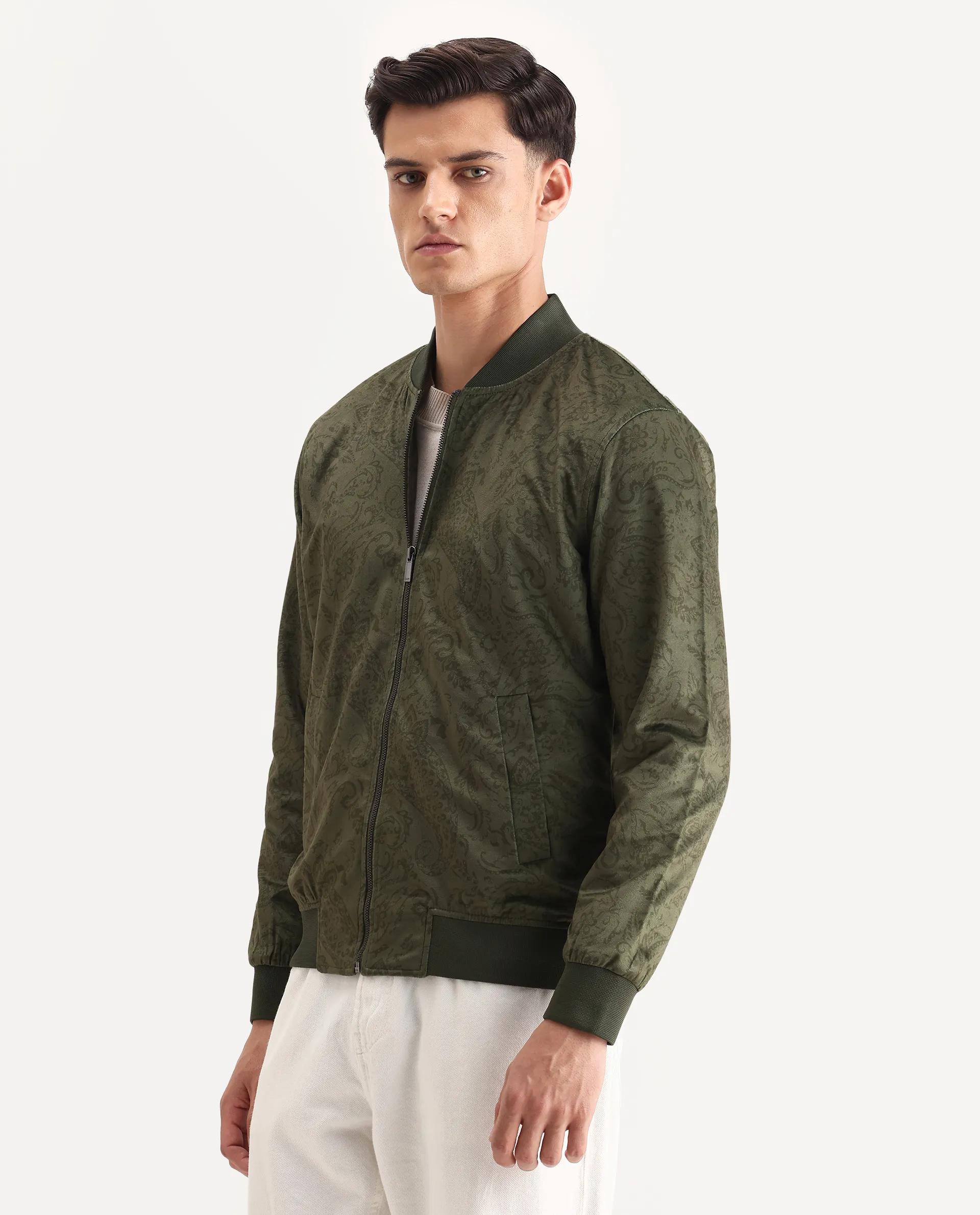 Rare Rabbit Men's Suedo Green Polyester Fabric Mandarin Collar Regular Fit Paisley Print Jacket - Image 5