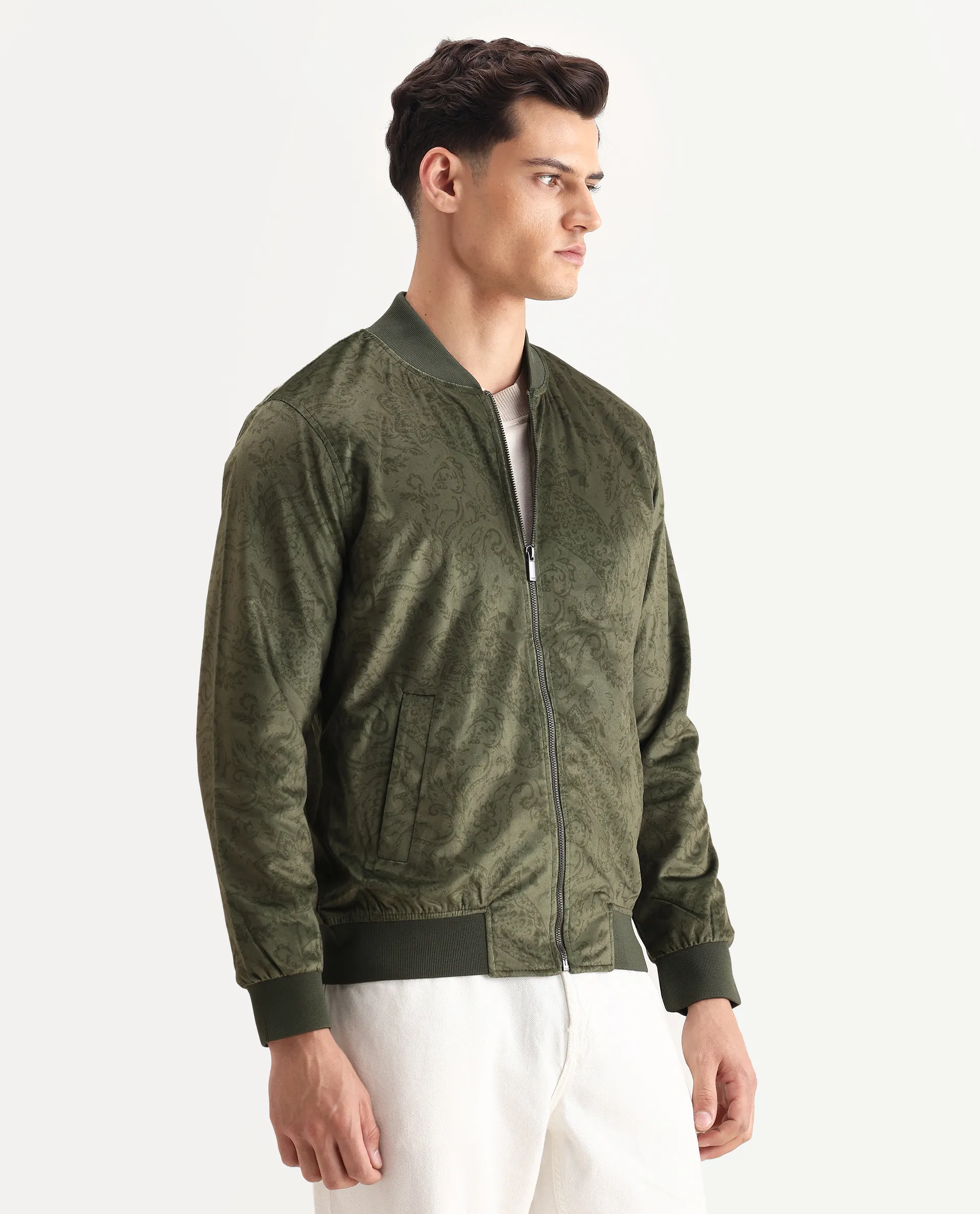 Rare Rabbit Men's Suedo Green Polyester Fabric Mandarin Collar Regular Fit Paisley Print Jacket - Image 6