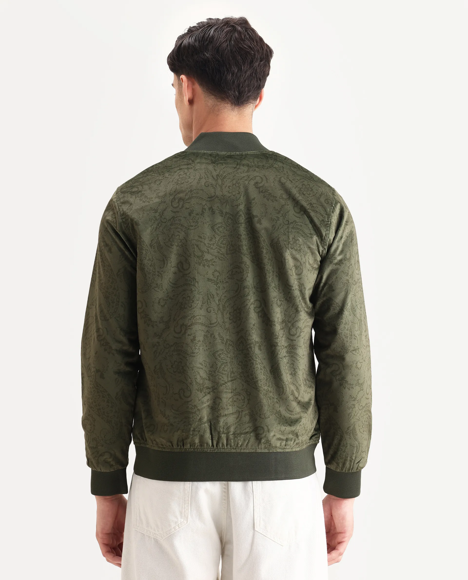 Rare Rabbit Men's Suedo Green Polyester Fabric Mandarin Collar Regular Fit Paisley Print Jacket - Image 7