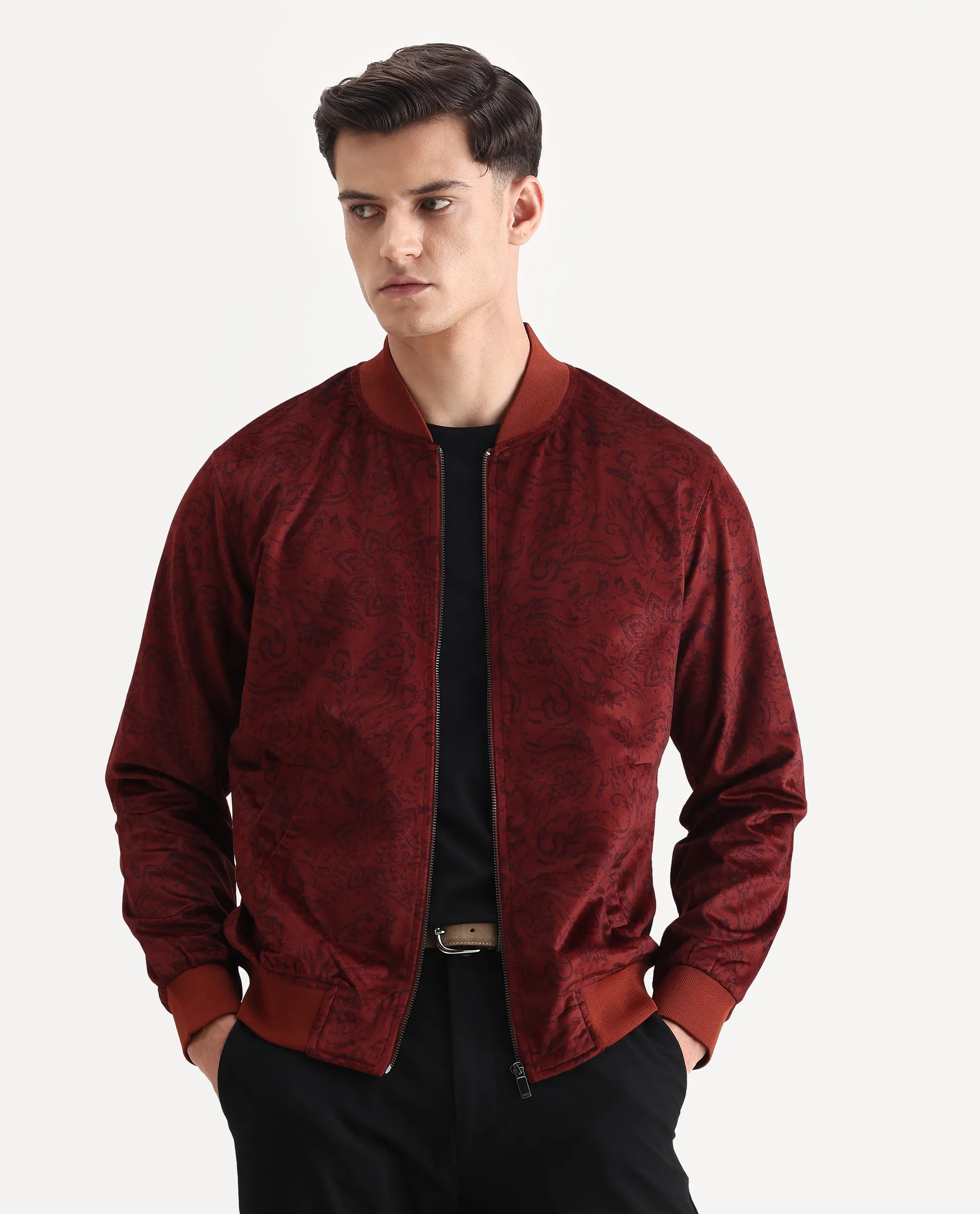 Rare Rabbit Men's Suedo Rust Polyester Fabric Mandarin Collar Regular Fit Paisley Print Jacket - Image 2