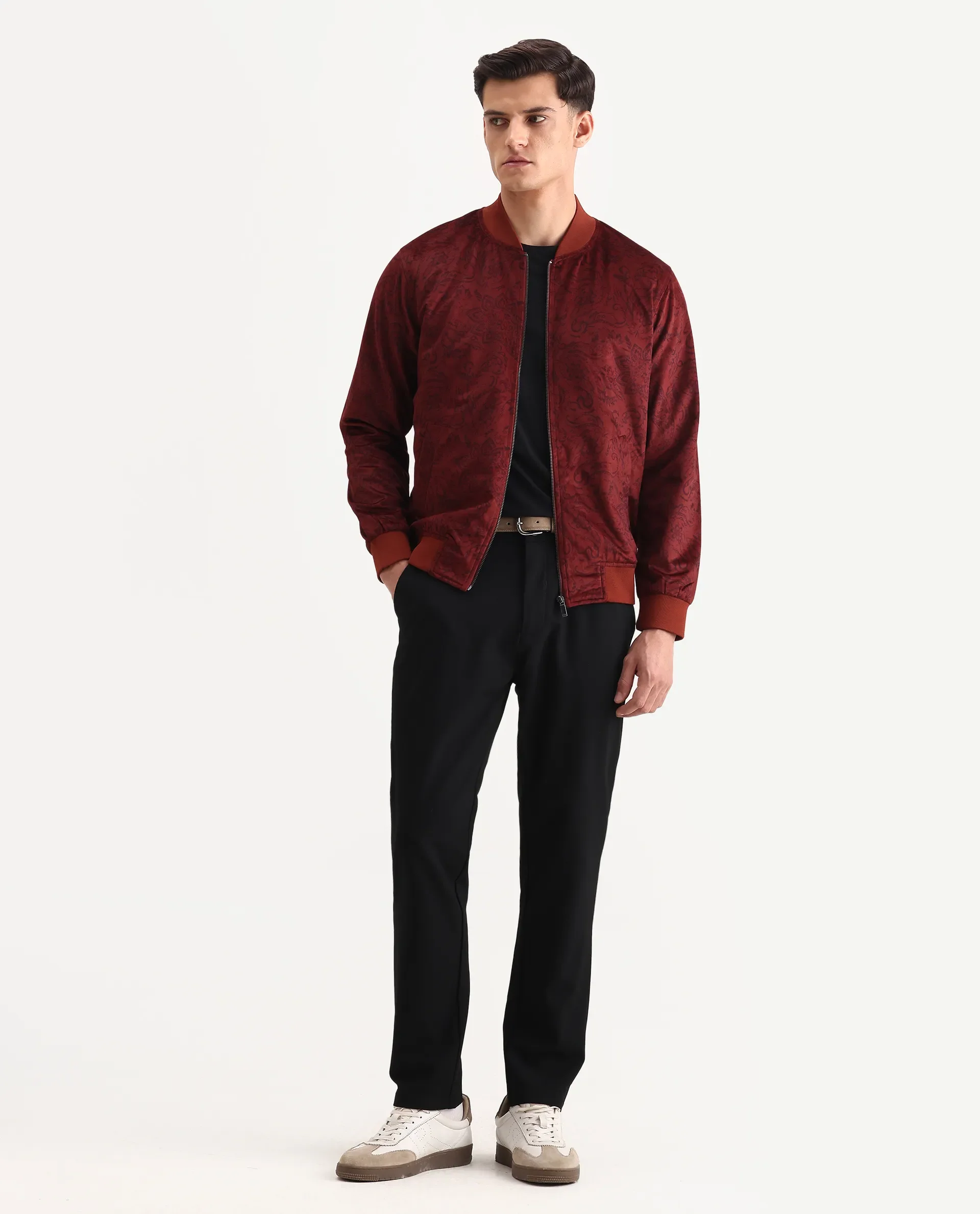 Rare Rabbit Men's Suedo Rust Polyester Fabric Mandarin Collar Regular Fit Paisley Print Jacket - Image 3