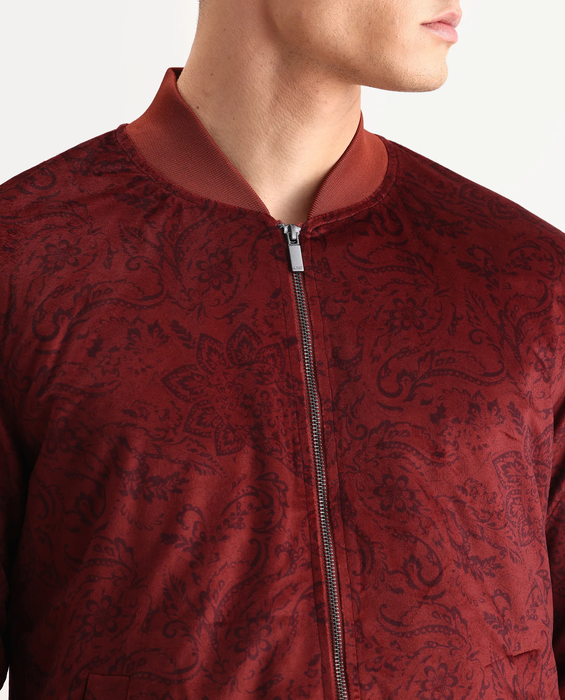 Rare Rabbit Men's Suedo Rust Polyester Fabric Mandarin Collar Regular Fit Paisley Print Jacket - Image 4