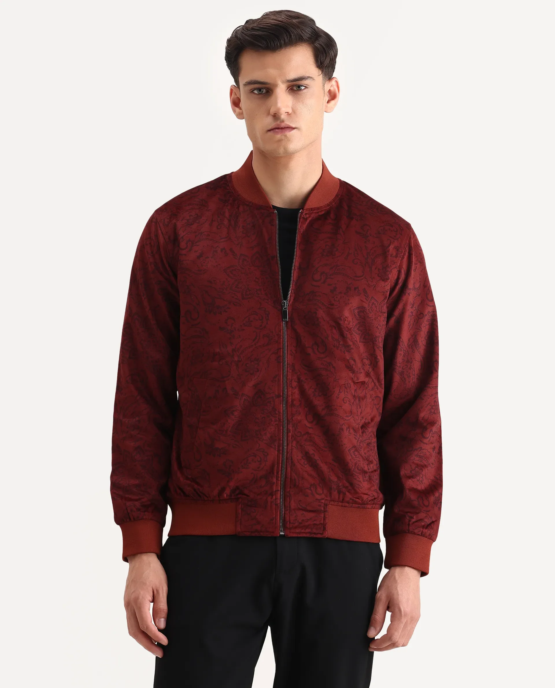 Rare Rabbit Men's Suedo Rust Polyester Fabric Mandarin Collar Regular Fit Paisley Print Jacket - Image 5