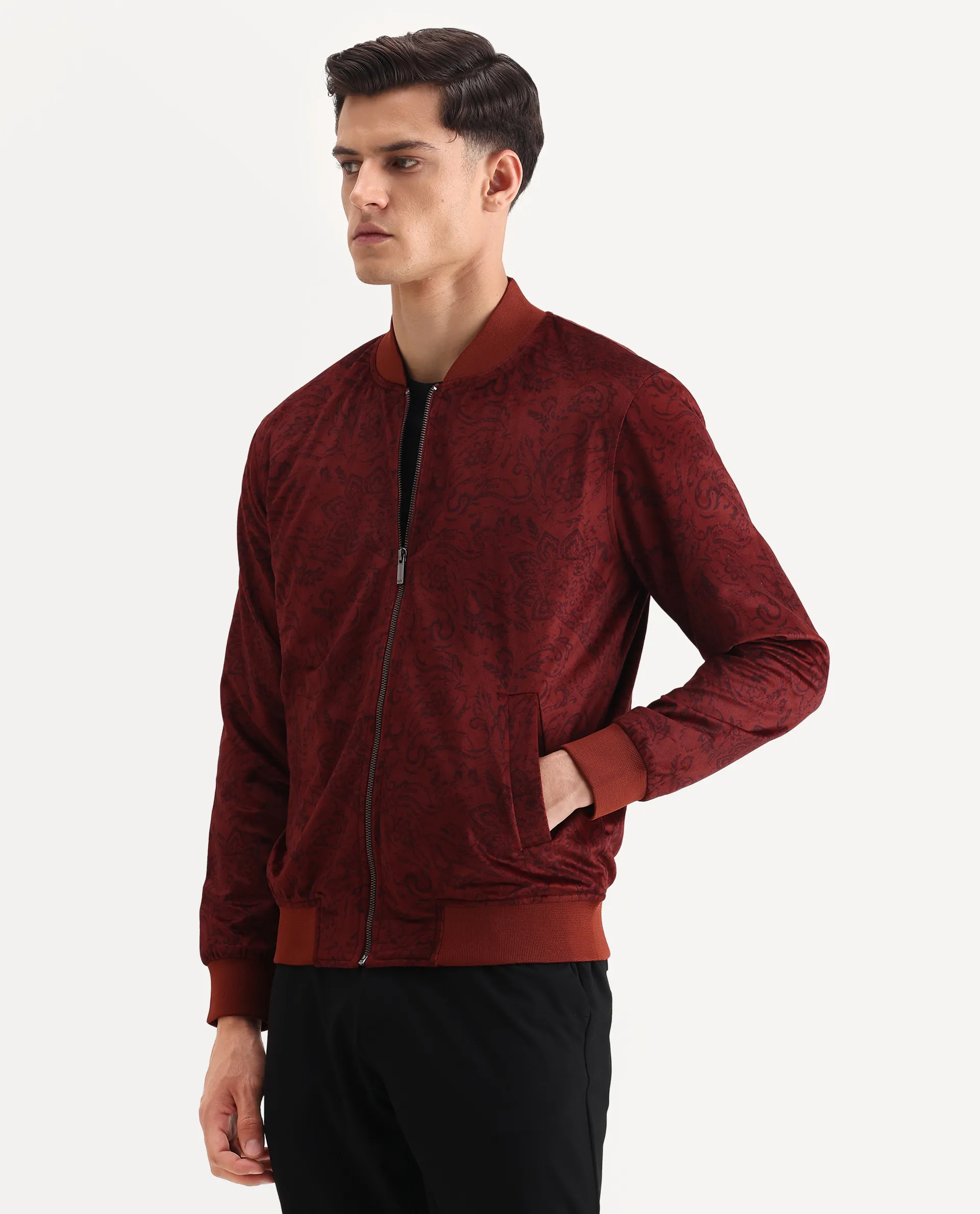 Rare Rabbit Men's Suedo Rust Polyester Fabric Mandarin Collar Regular Fit Paisley Print Jacket - Image 6