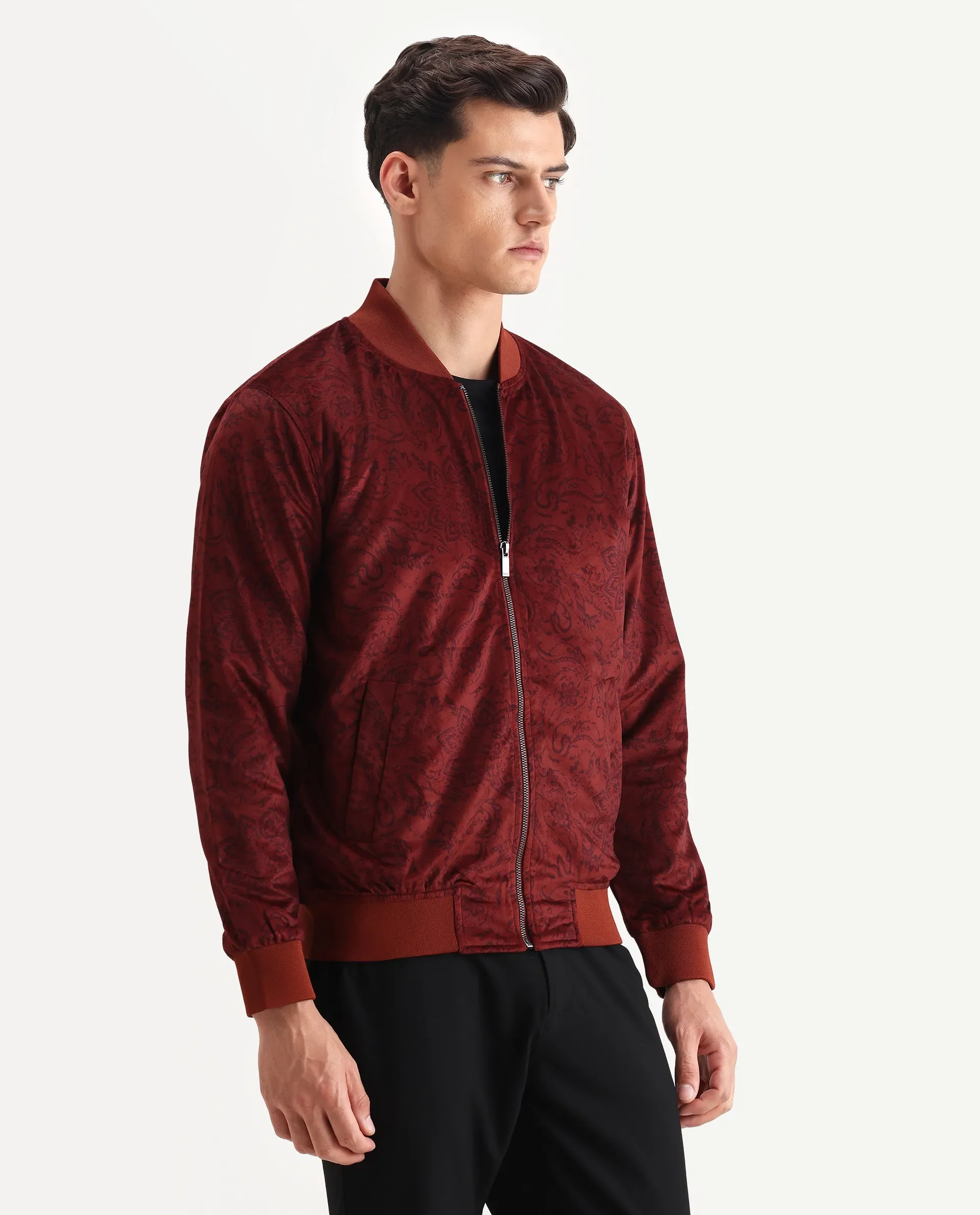 Rare Rabbit Men's Suedo Rust Polyester Fabric Mandarin Collar Regular Fit Paisley Print Jacket - Image 7